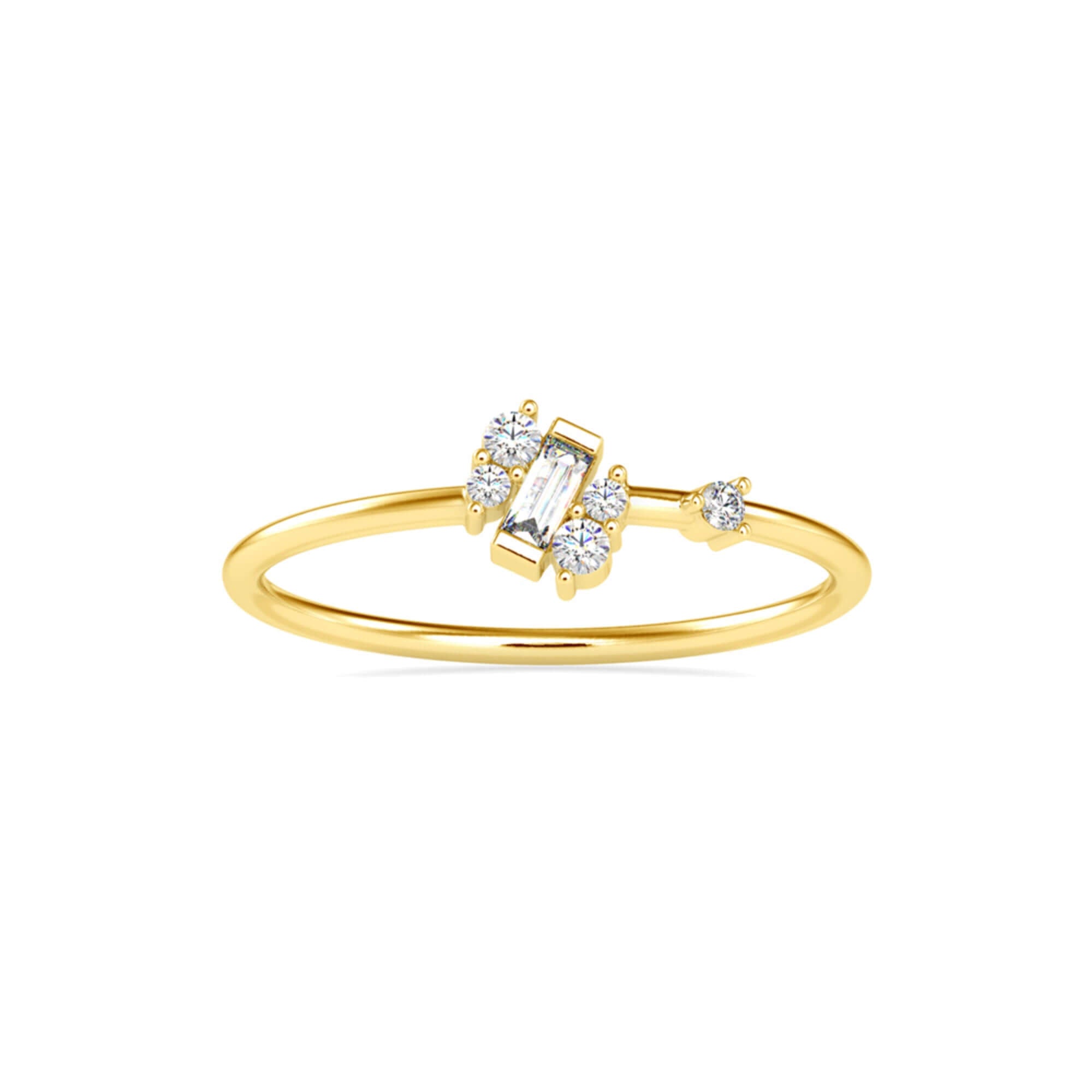 Baguette and Round Brilliant Cut Lab-Grown Diamond Asymmetrical Stackable Ring in Yellow Gold