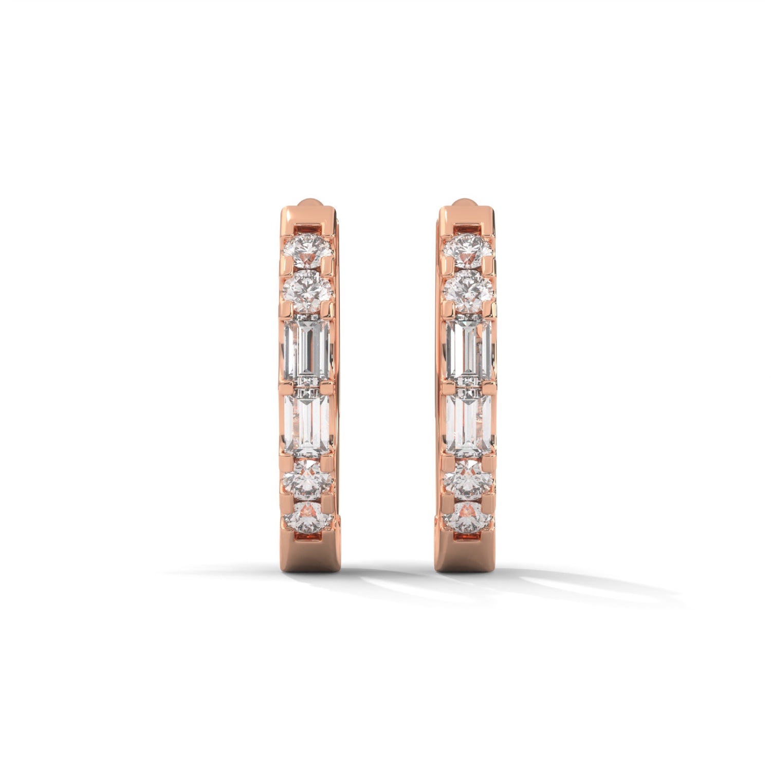 Baguette and Round Brilliant Cut Lab-Grown Diamond Huggie Hoop Earrings in Rose Gold