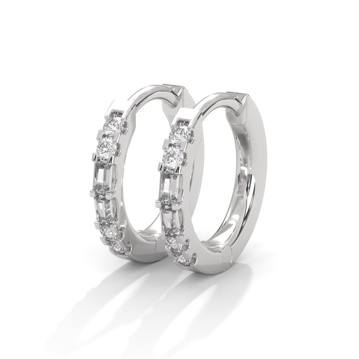 Baguette and Round Brilliant Cut Lab-Grown Diamond Huggie Hoop Earrings in White Gold