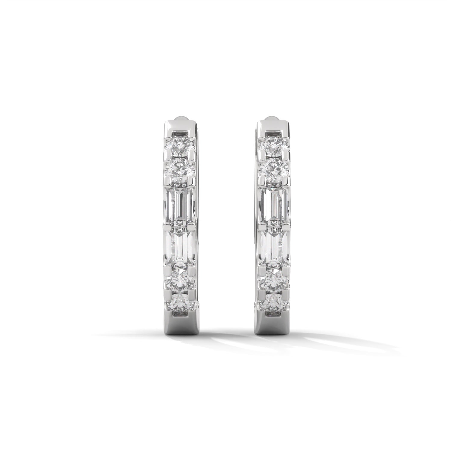 Baguette and Round Brilliant Cut Lab-Grown Diamond Huggie Hoop Earrings in White Gold