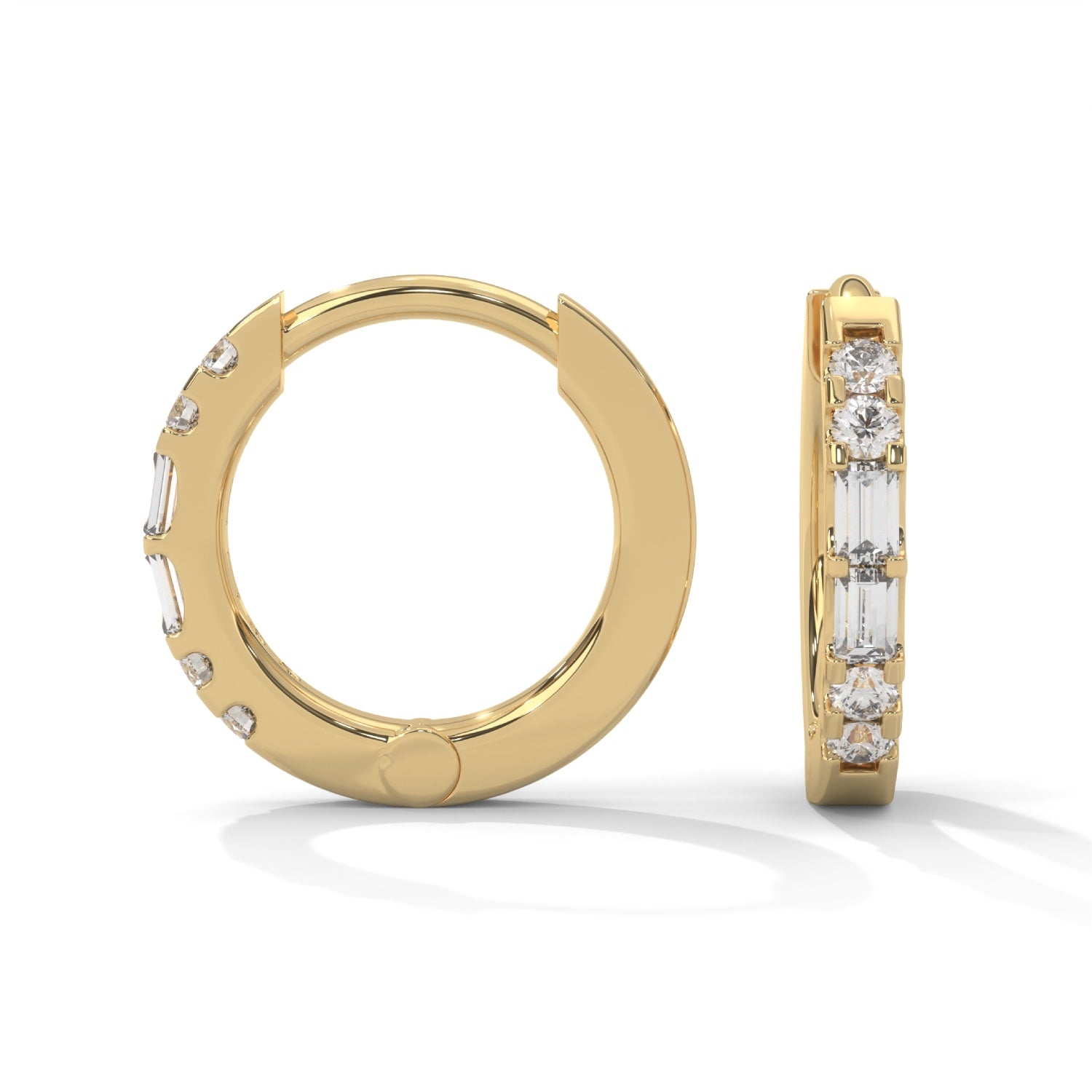 Baguette and Round Brilliant Cut Lab-Grown Diamond Huggie Hoop Earrings in Yellow Gold