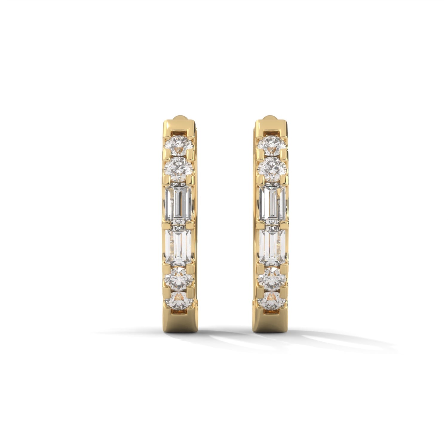 Baguette and Round Brilliant Cut Lab-Grown Diamond Huggie Hoop Earrings in Yellow Gold