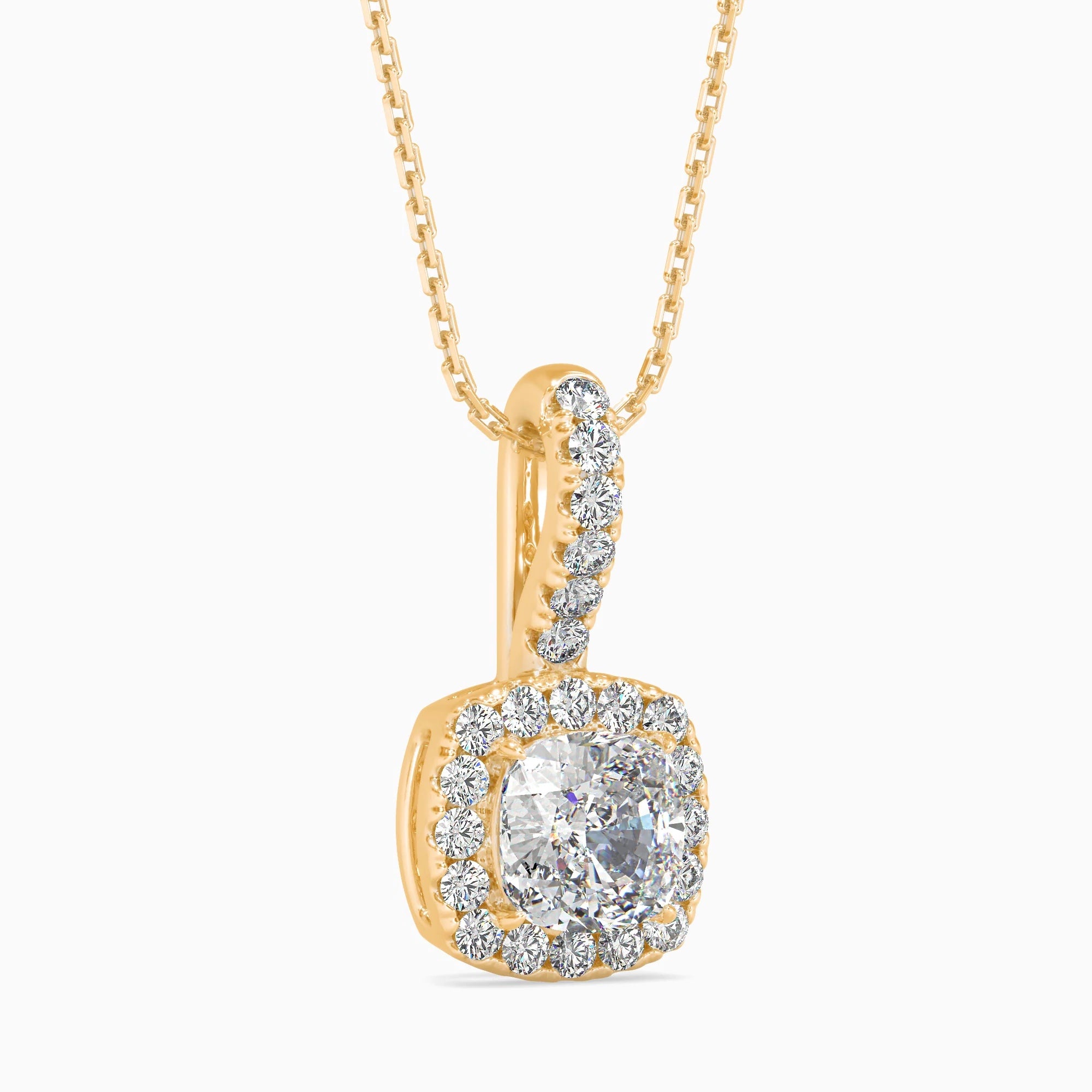 Cushion-Shaped Lab-Grown Diamond Halo Pendant in Yellow Gold