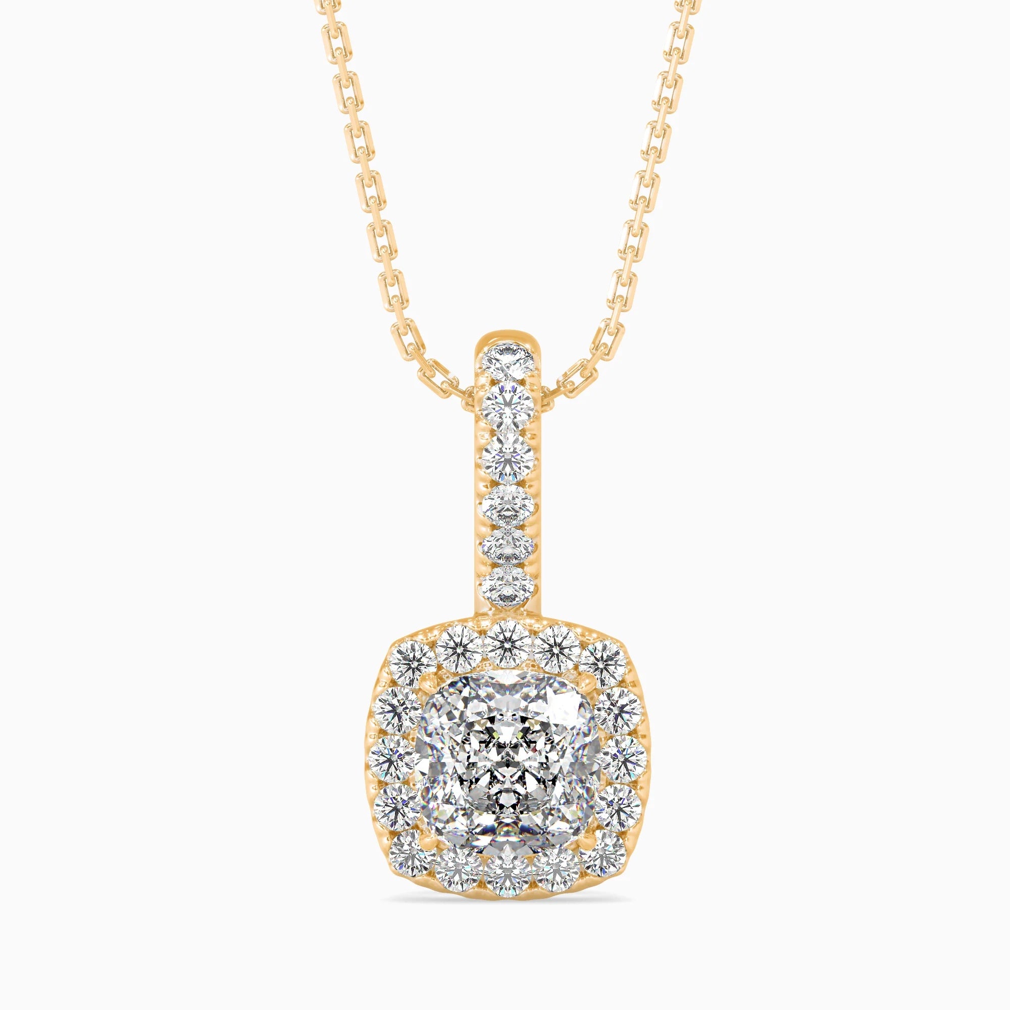Cushion-Shaped Lab-Grown Diamond Halo Pendant in Yellow Gold