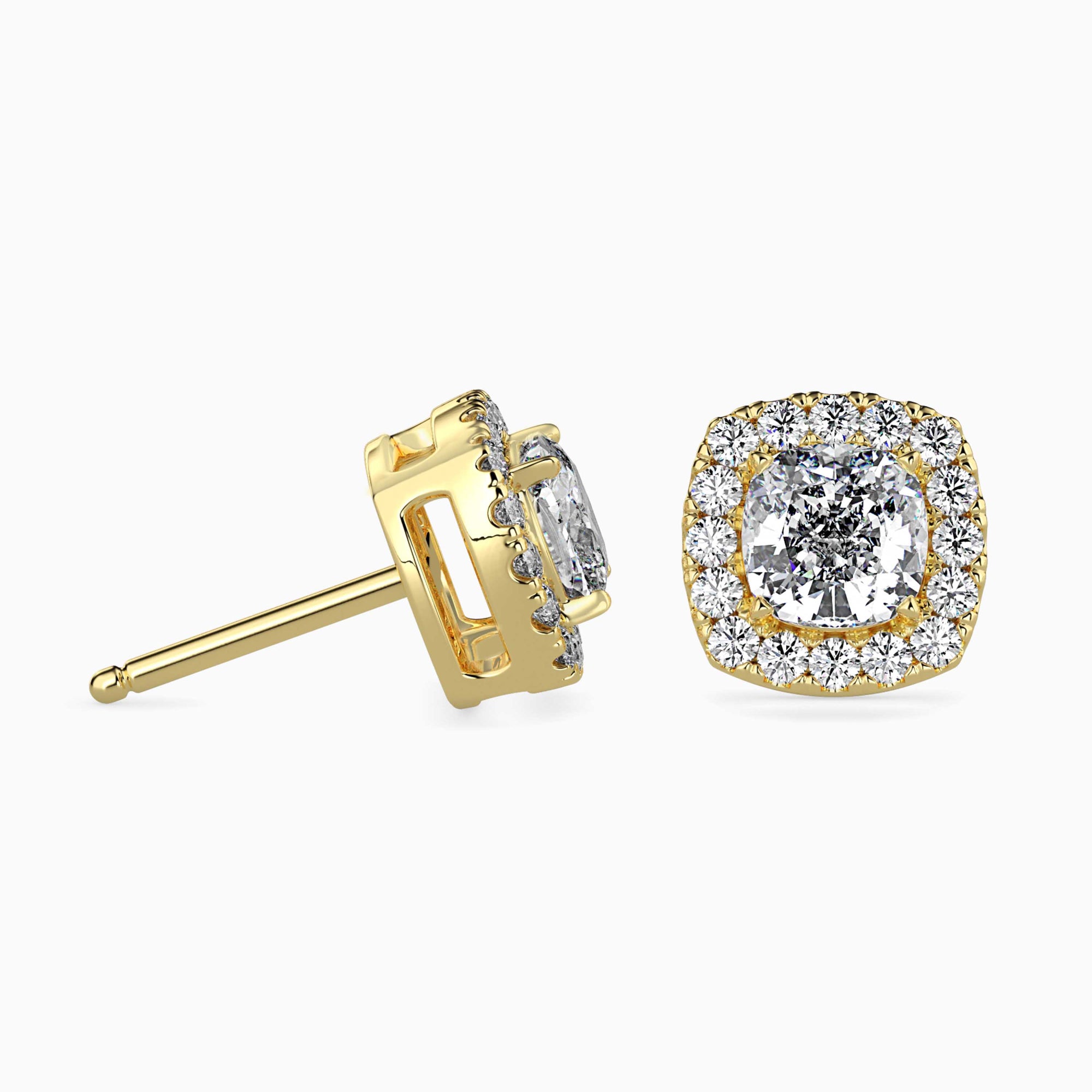 Cushion-Shaped Lab-Grown Diamond Halo Stud Earrings in Yellow Gold