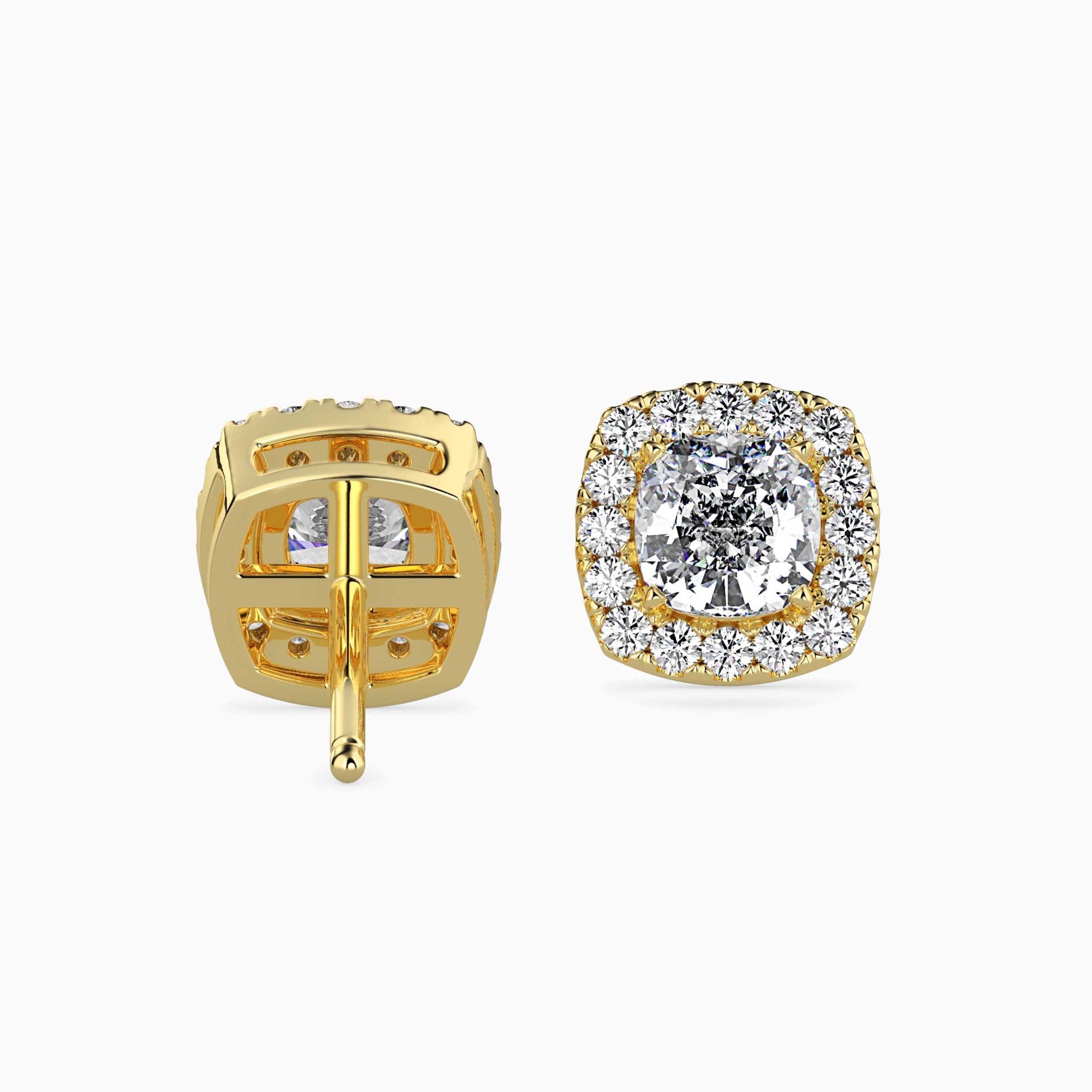 Cushion-Shaped Lab-Grown Diamond Halo Stud Earrings in Yellow Gold