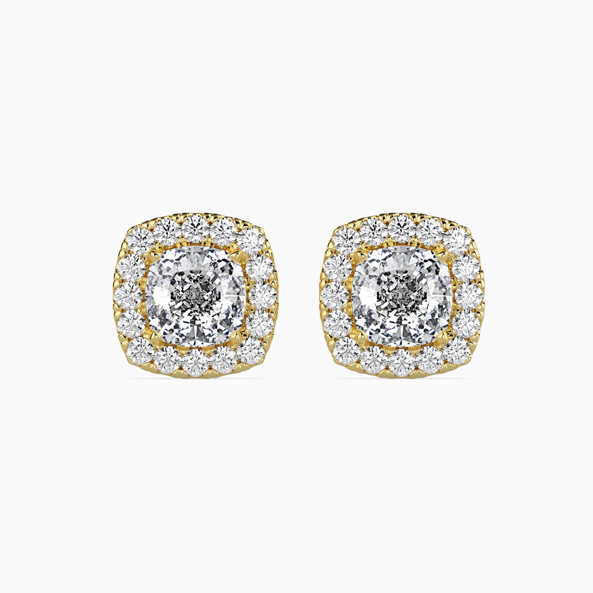 Cushion-Shaped Lab-Grown Diamond Halo Stud Earrings in Yellow Gold