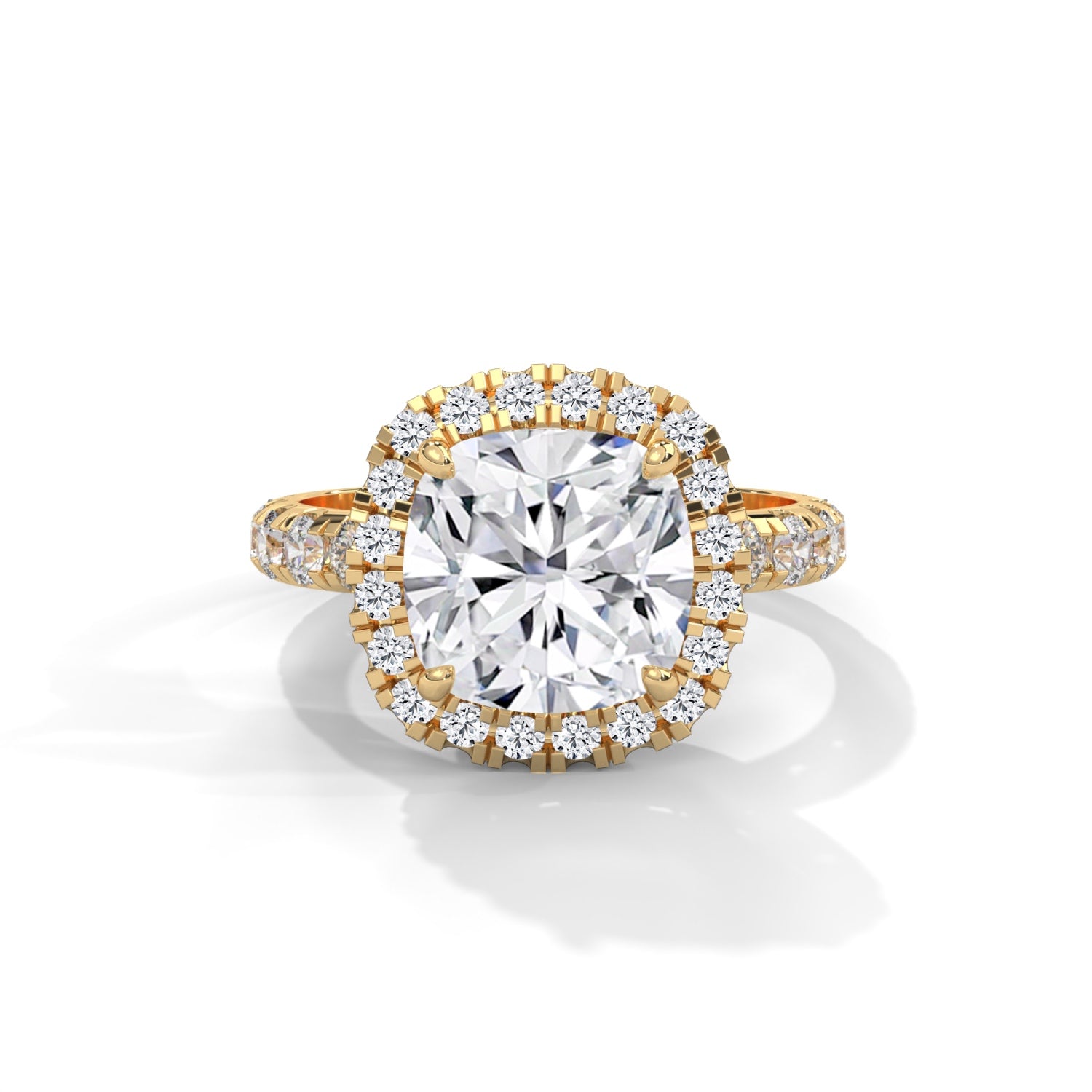 Cushion Cut Lab-Grown Diamond Halo Pavé Engagement Ring in Yellow Gold