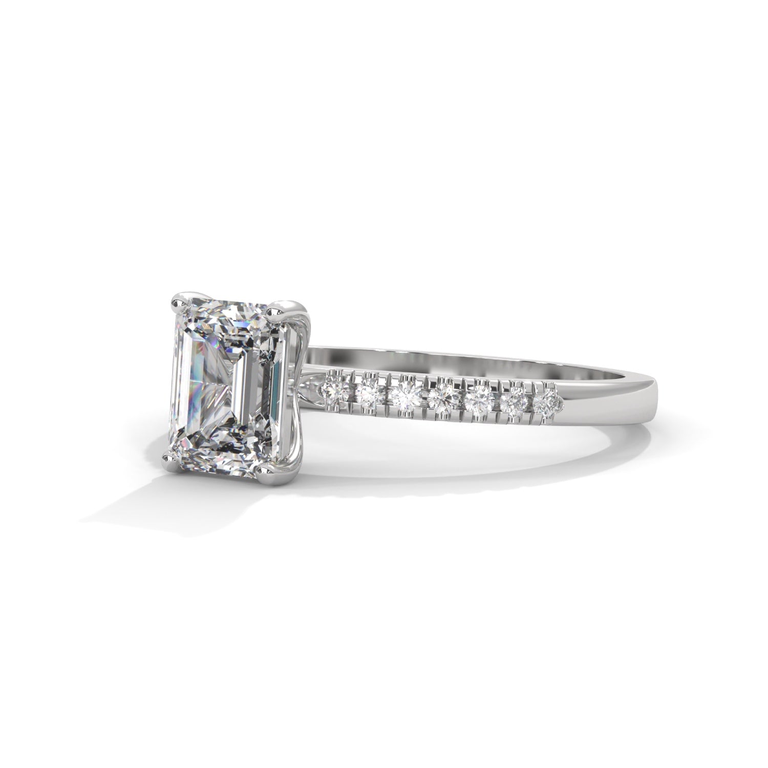 Emerald Cut Lab-Grown Diamond Pavé Engagement Ring in White Gold