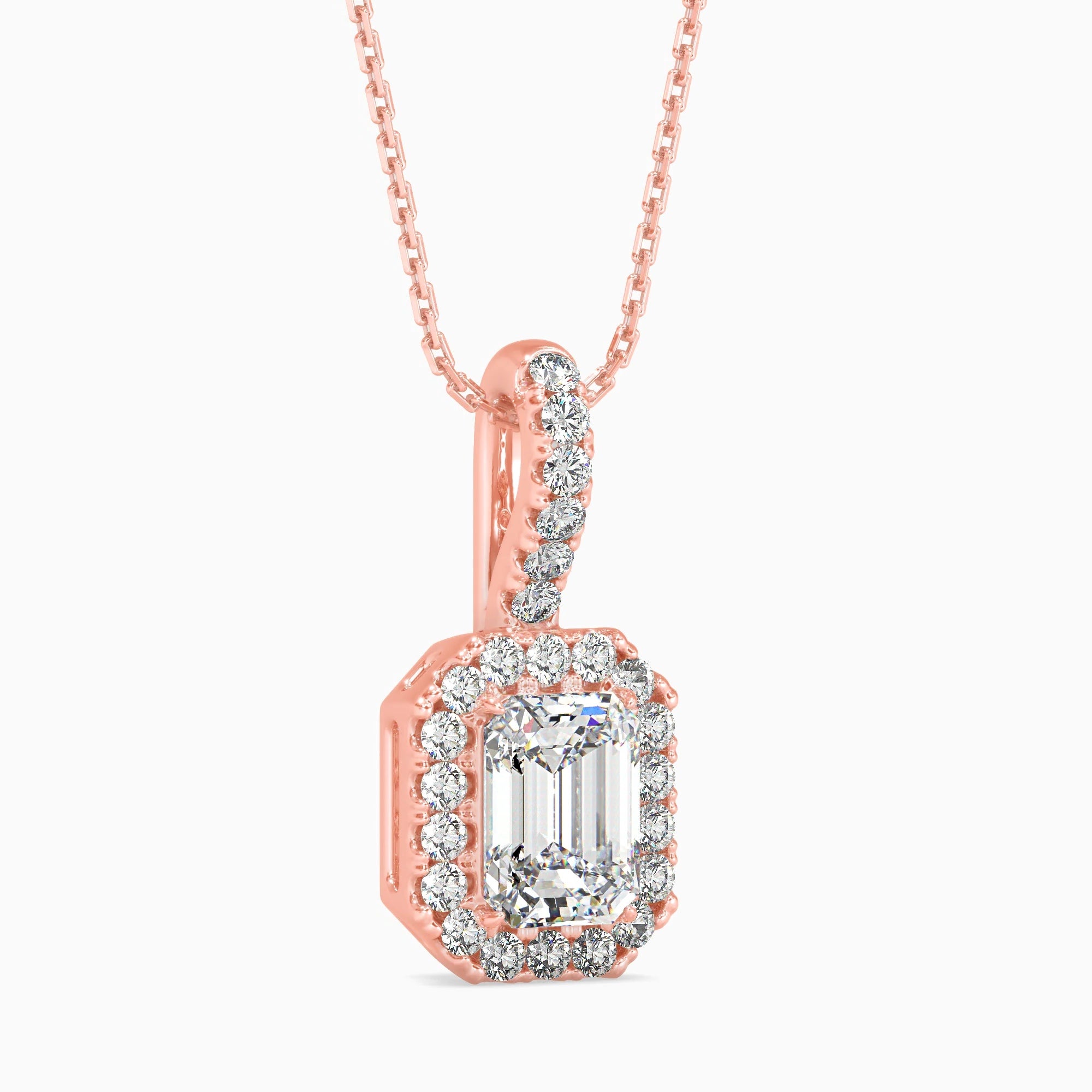 Emerald Cut Lab-Grown Diamond Halo Pendant in Rose Gold
