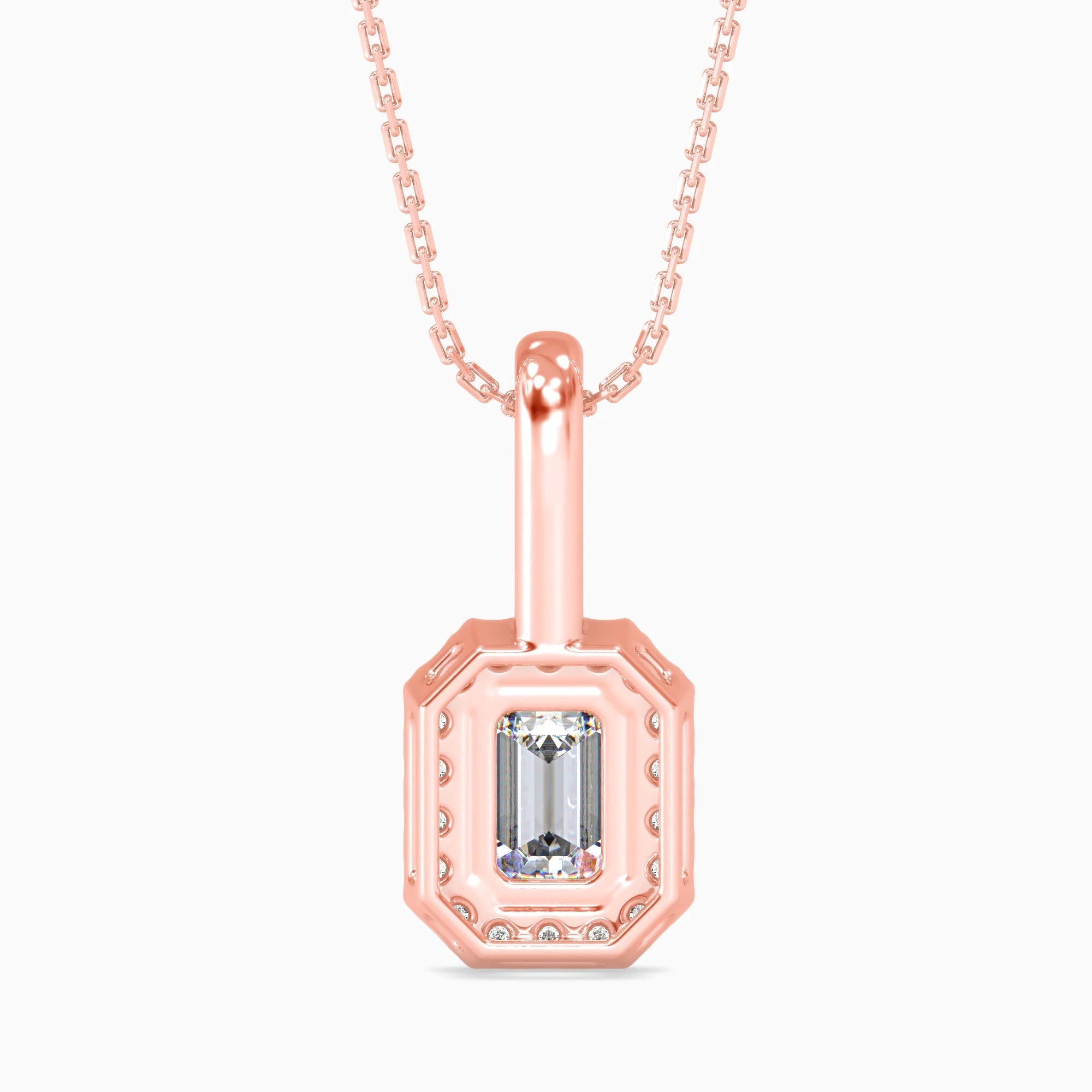 Emerald Cut Lab-Grown Diamond Halo Pendant in Rose Gold