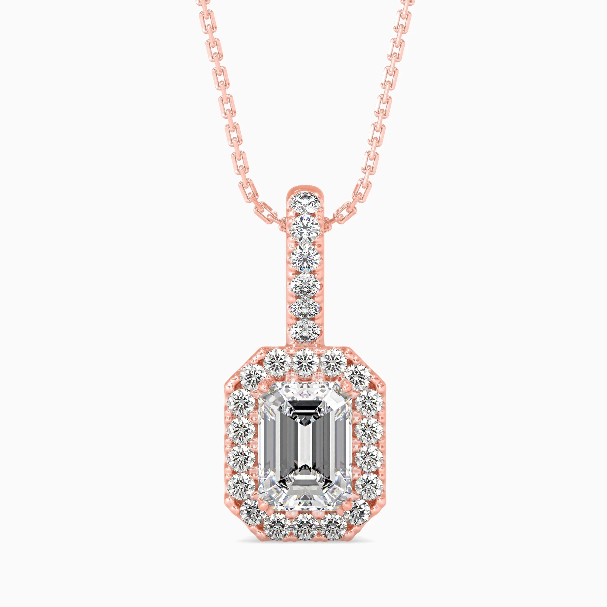 Emerald Cut Lab-Grown Diamond Halo Pendant in Rose Gold