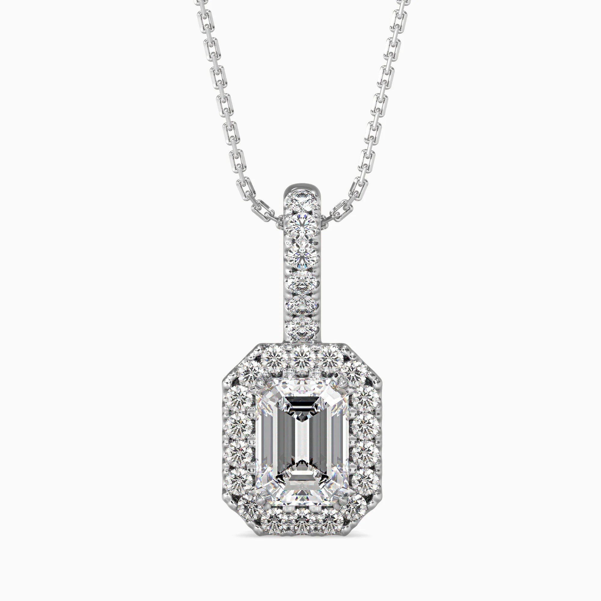 Emerald Cut Lab-Grown Diamond Halo Pendant in White Gold
