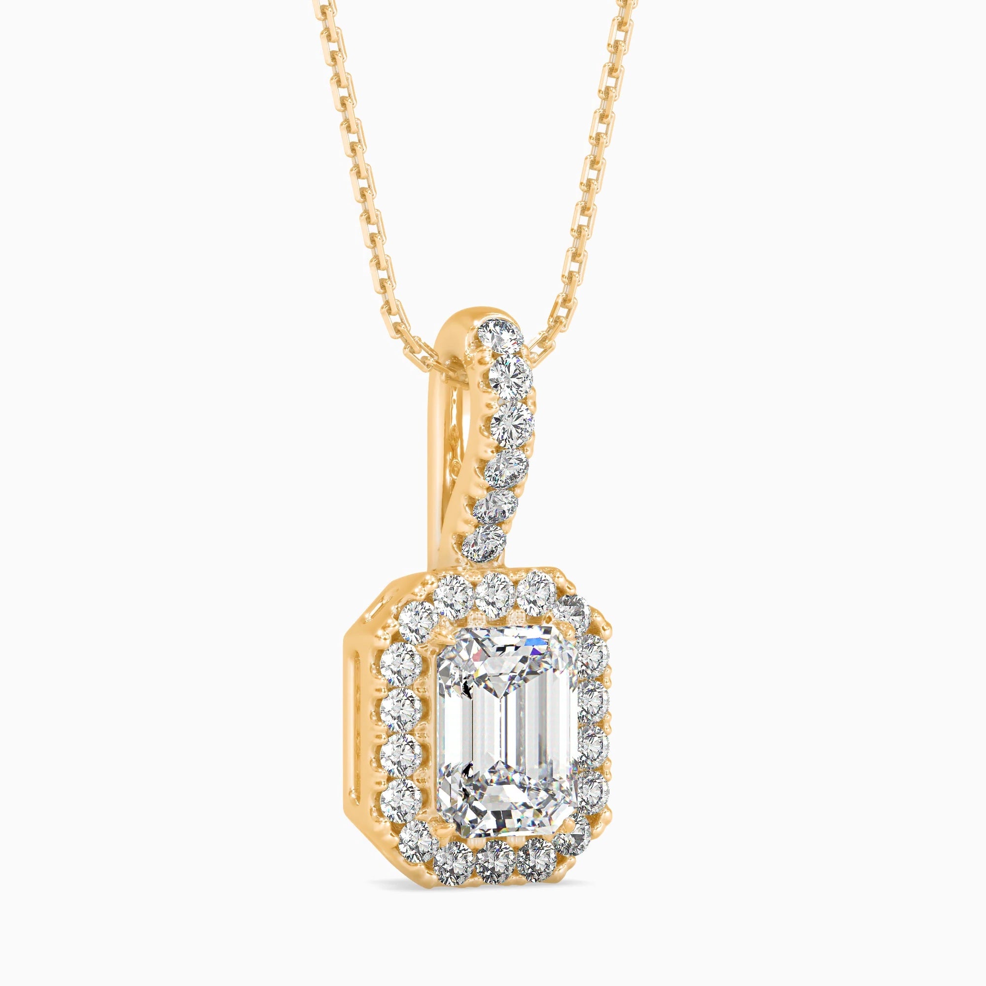 Emerald Cut Lab-Grown Diamond Halo Pendant in Yellow Gold