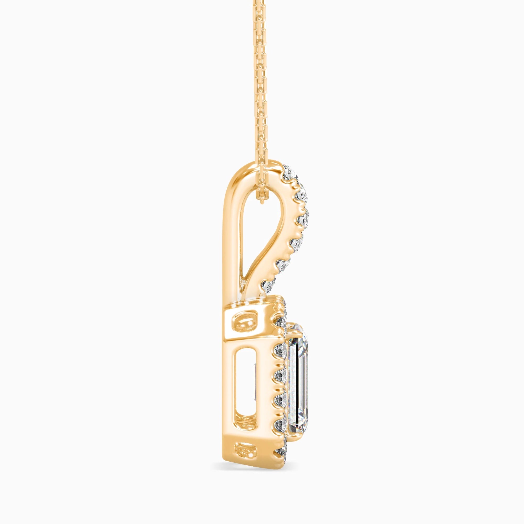 Emerald Cut Lab-Grown Diamond Halo Pendant in Yellow Gold