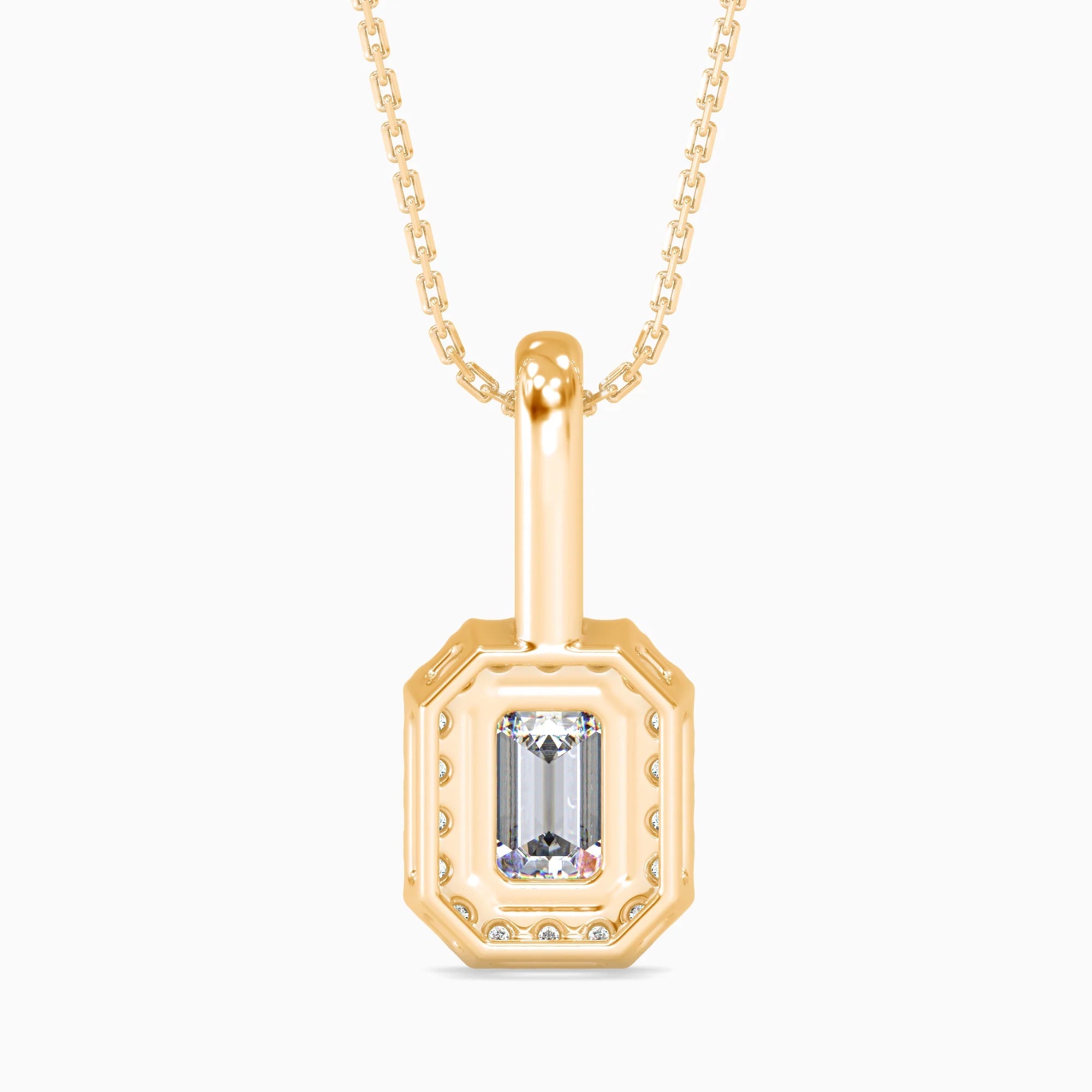 Emerald Cut Lab-Grown Diamond Halo Pendant in Yellow Gold