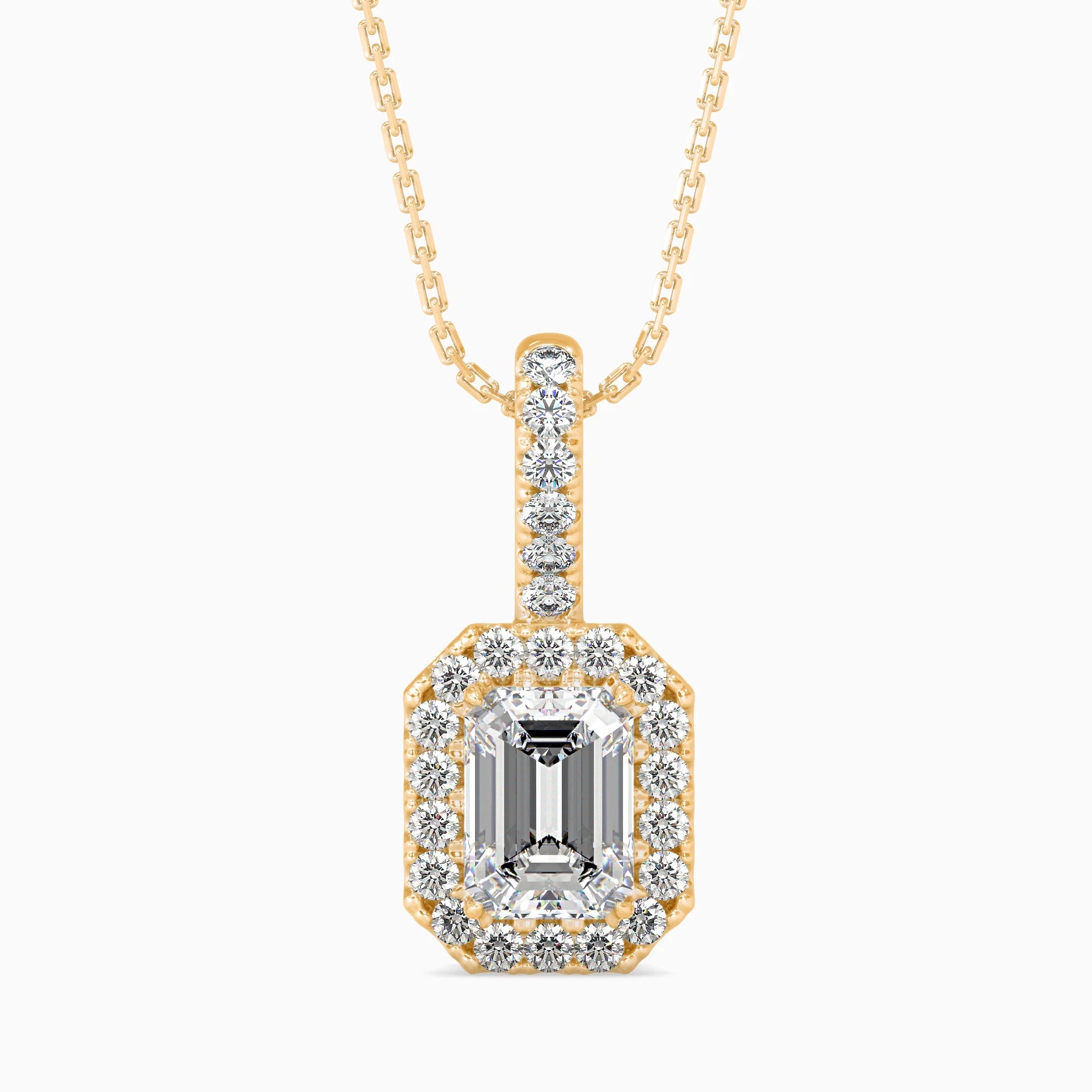 Emerald Cut Lab-Grown Diamond Halo Pendant in Yellow Gold