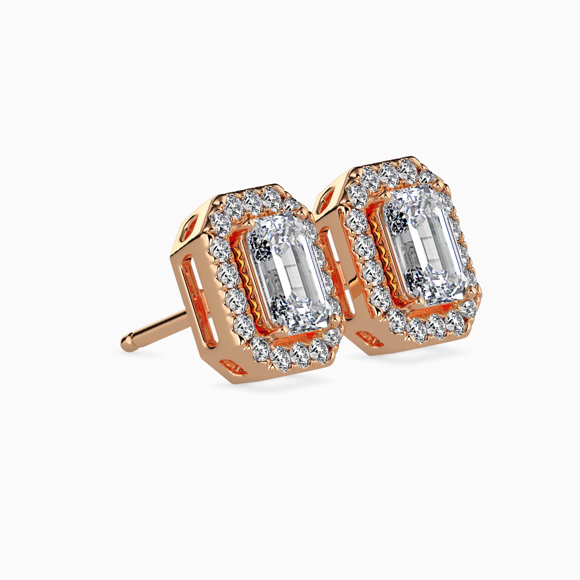Emerald Cut Lab-Grown Diamond Halo Stud Earrings in Rose Gold
