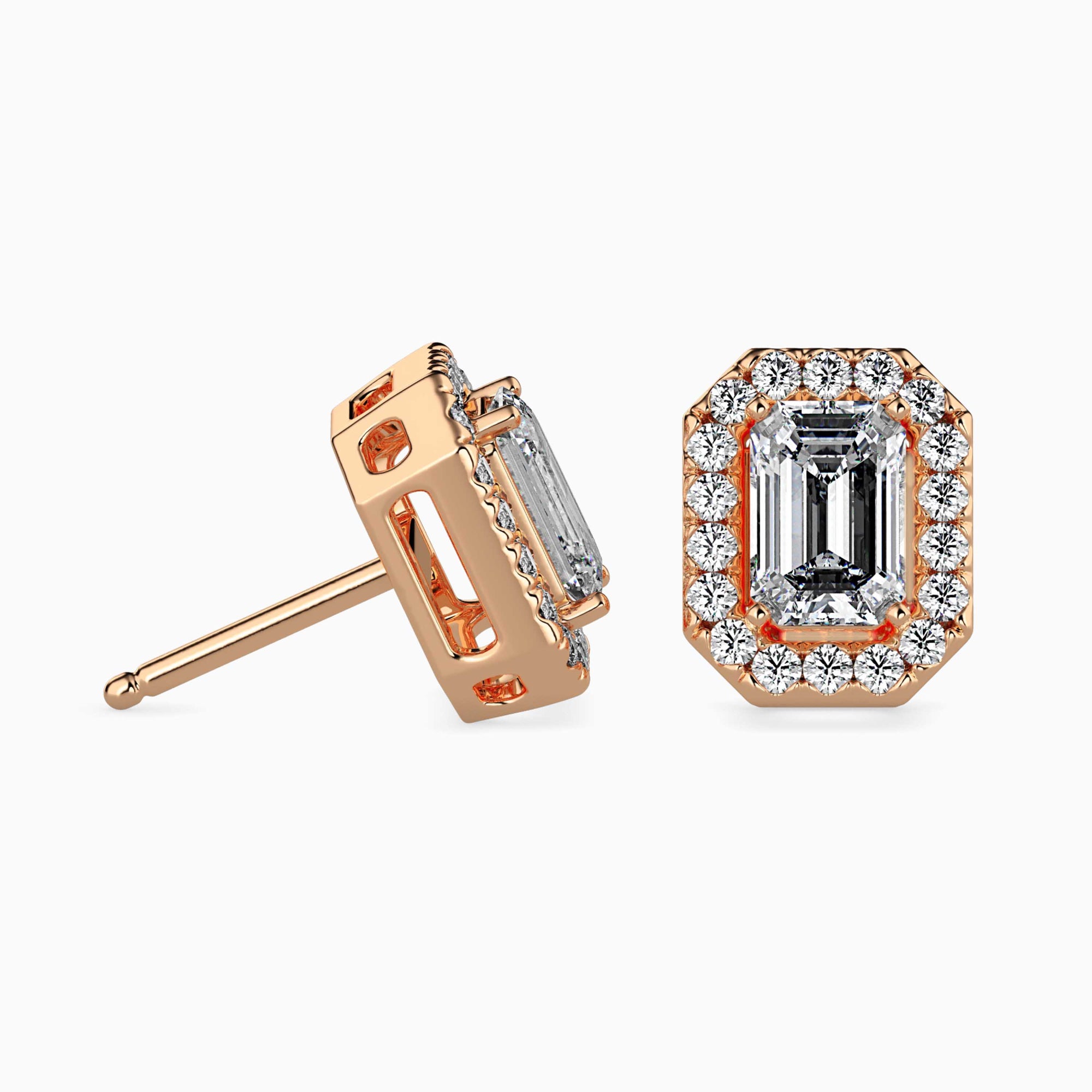 Emerald Cut Lab-Grown Diamond Halo Stud Earrings in Rose Gold