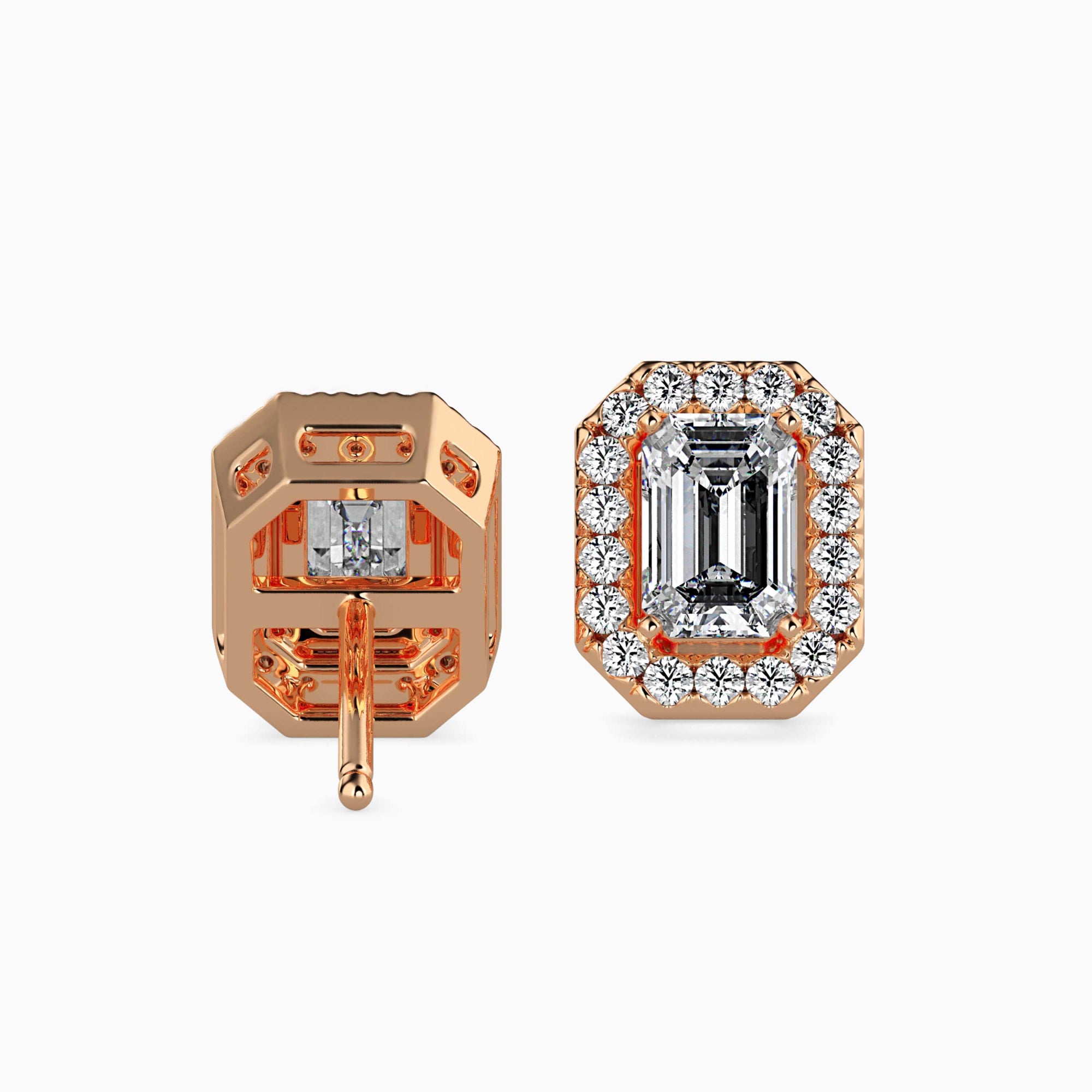 Emerald Cut Lab-Grown Diamond Halo Stud Earrings in Rose Gold