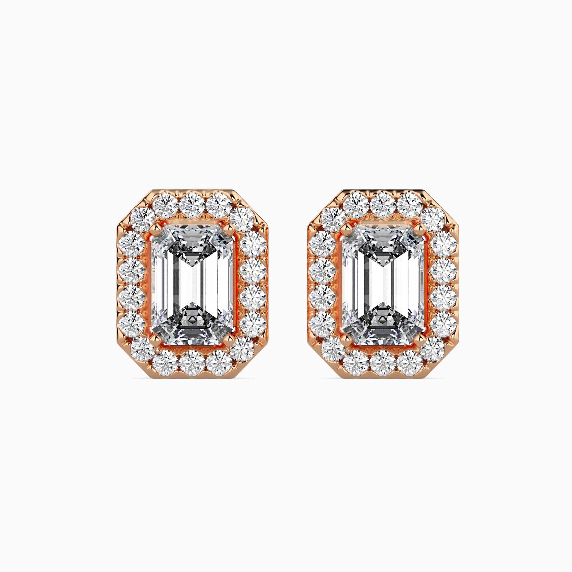 Emerald Cut Lab-Grown Diamond Halo Stud Earrings in Rose Gold