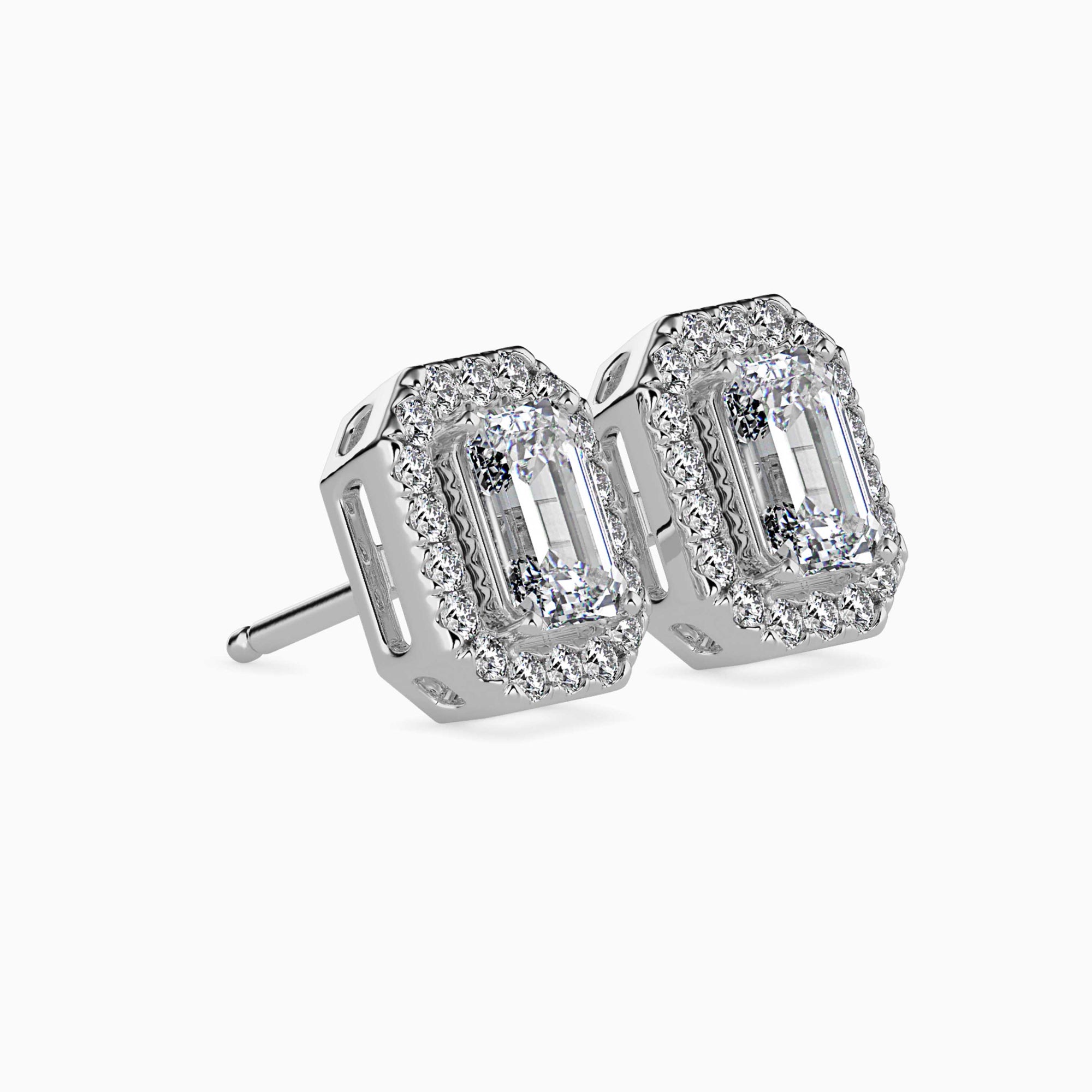 Emerald Cut Lab-Grown Diamond Halo Stud Earrings in White Gold