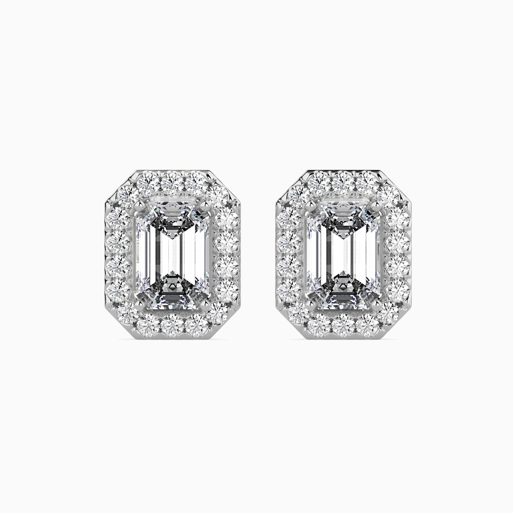 Emerald Cut Lab-Grown Diamond Halo Stud Earrings in White Gold