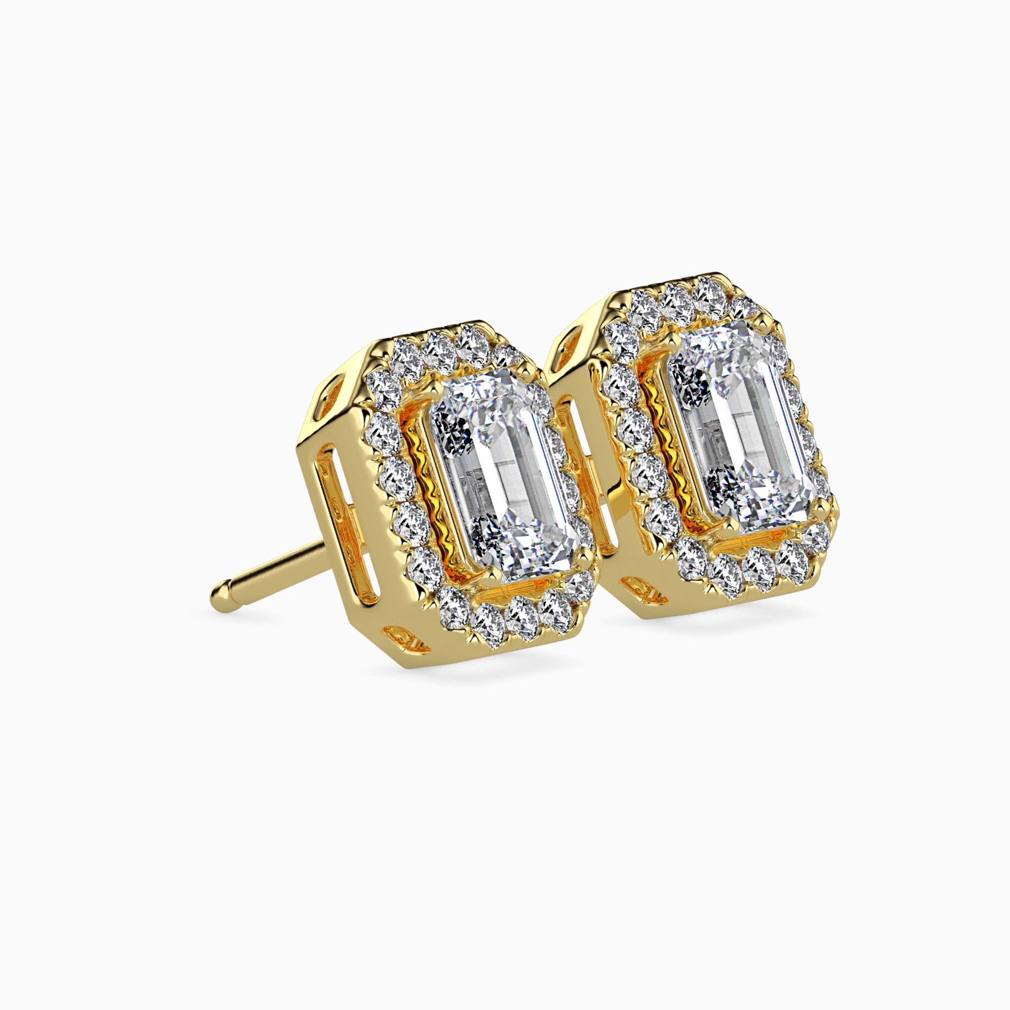 Emerald Cut Lab-Grown Diamond Halo Stud Earrings in Yellow Gold