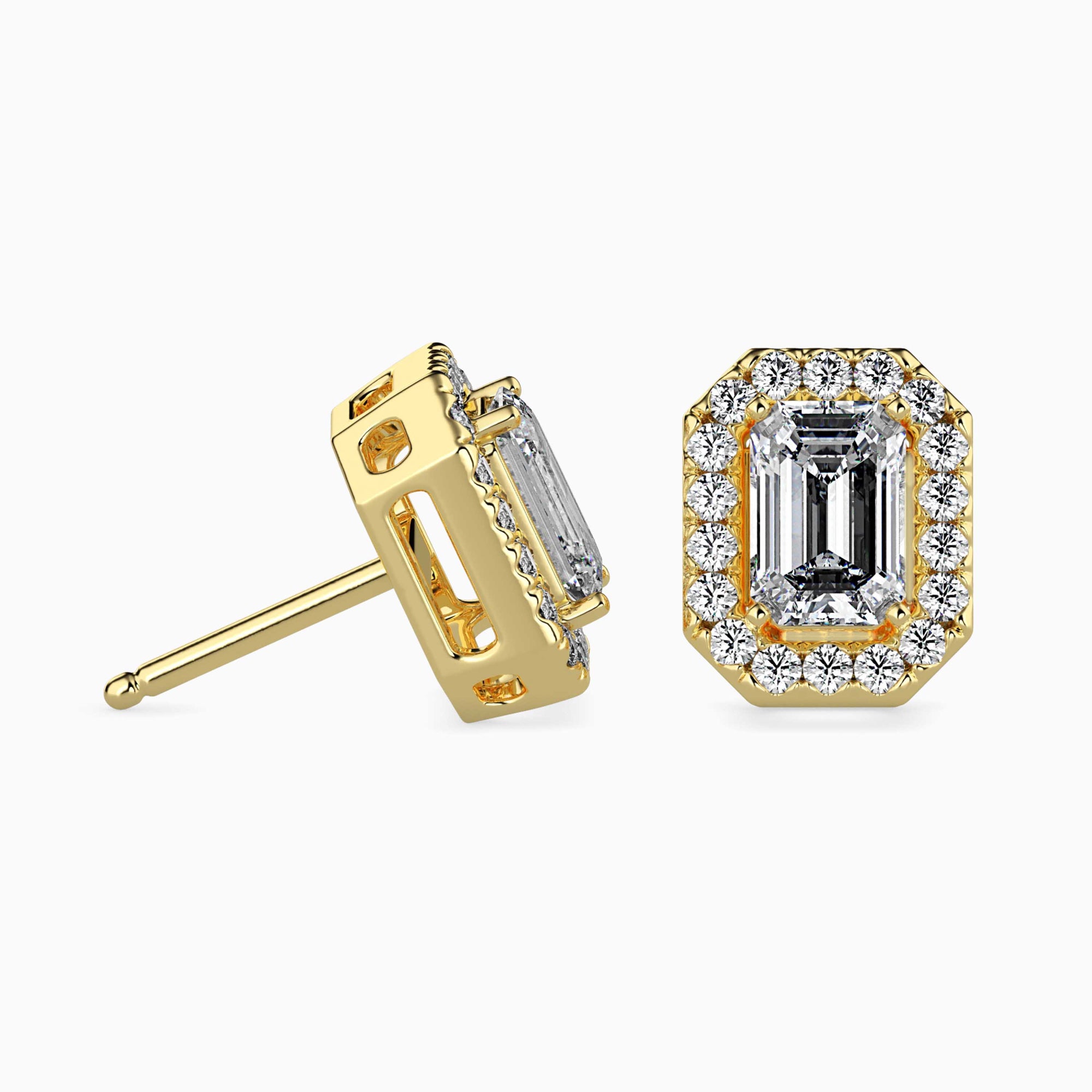 Emerald Cut Lab-Grown Diamond Halo Stud Earrings in Yellow Gold