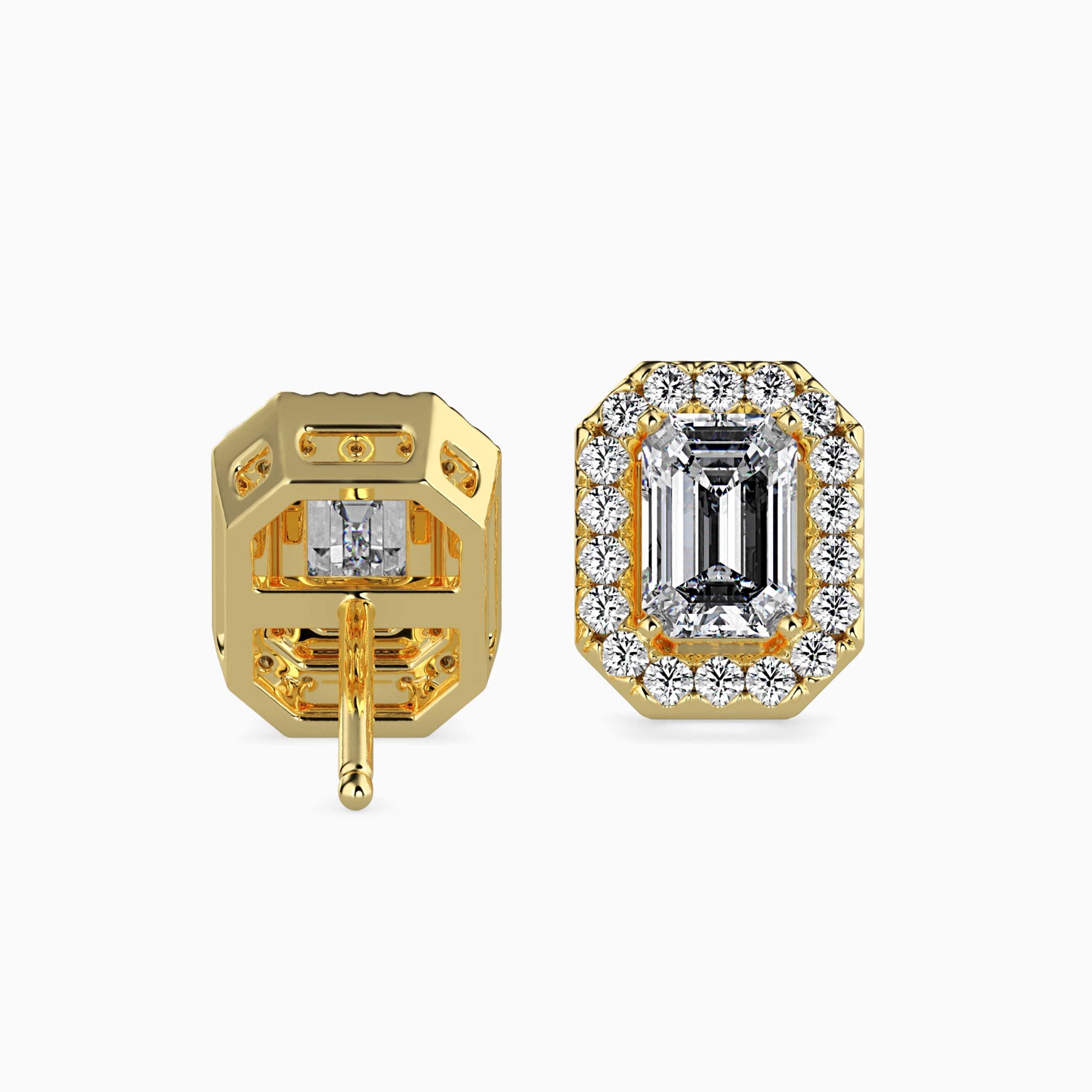 Emerald Cut Lab-Grown Diamond Halo Stud Earrings in Yellow Gold