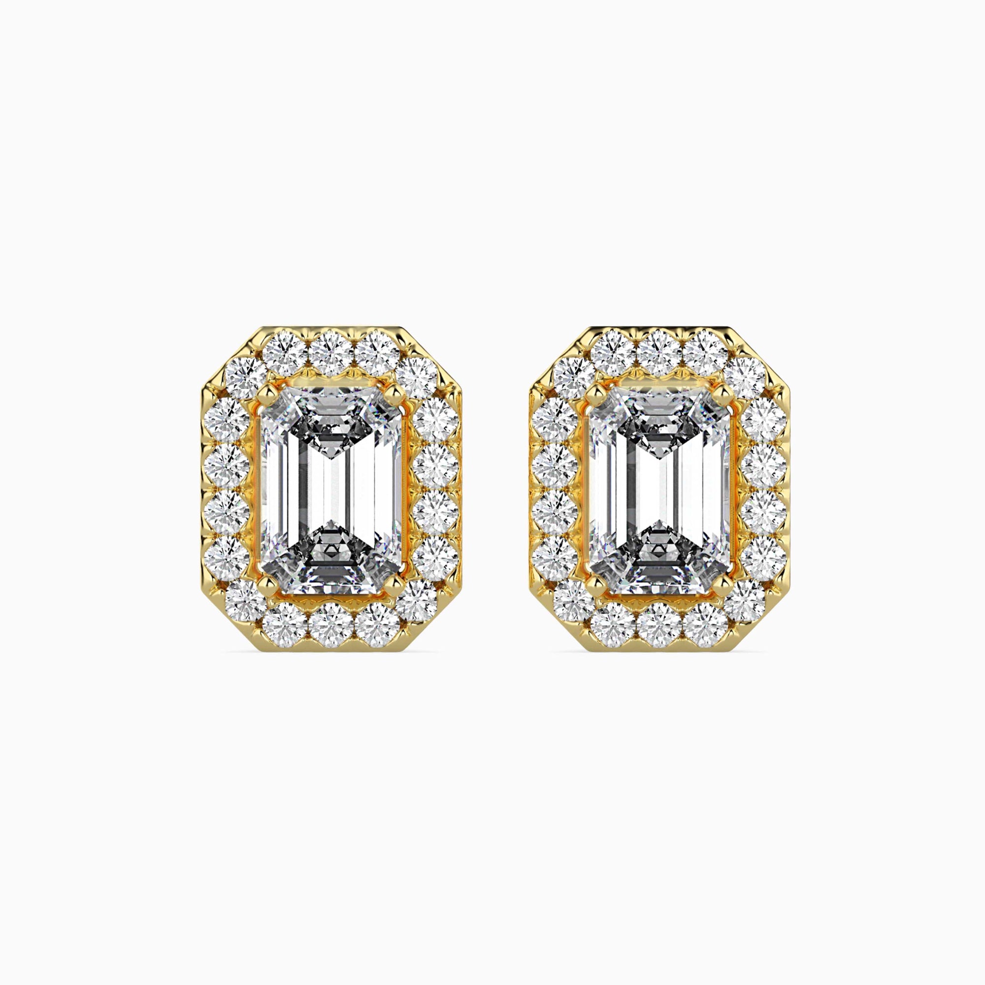 Emerald Cut Lab-Grown Diamond Halo Stud Earrings in Yellow Gold