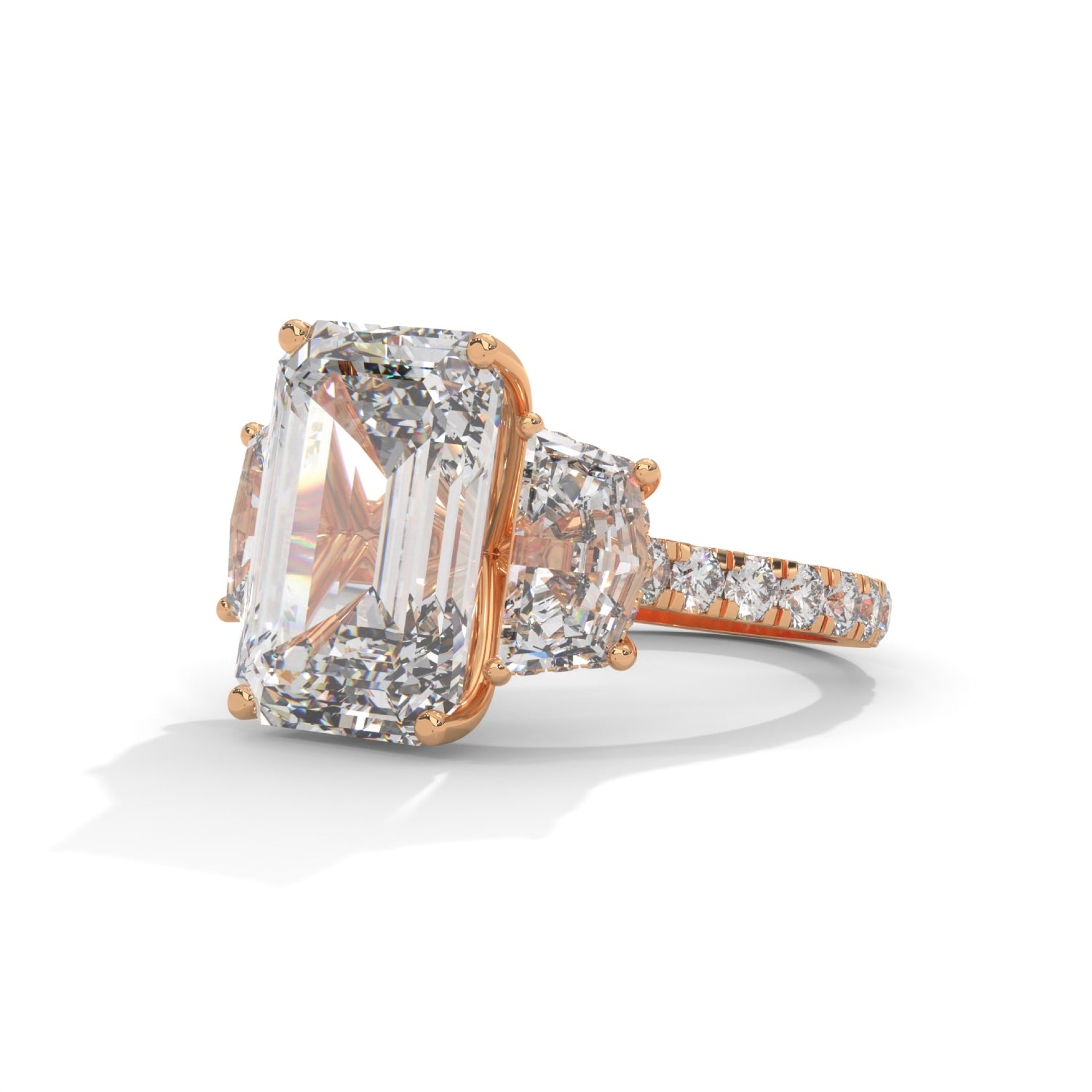 Emerald and Cadillac Cut Lab-Grown Diamond Three-Stone Pavé Engagement Ring in Rose Gold