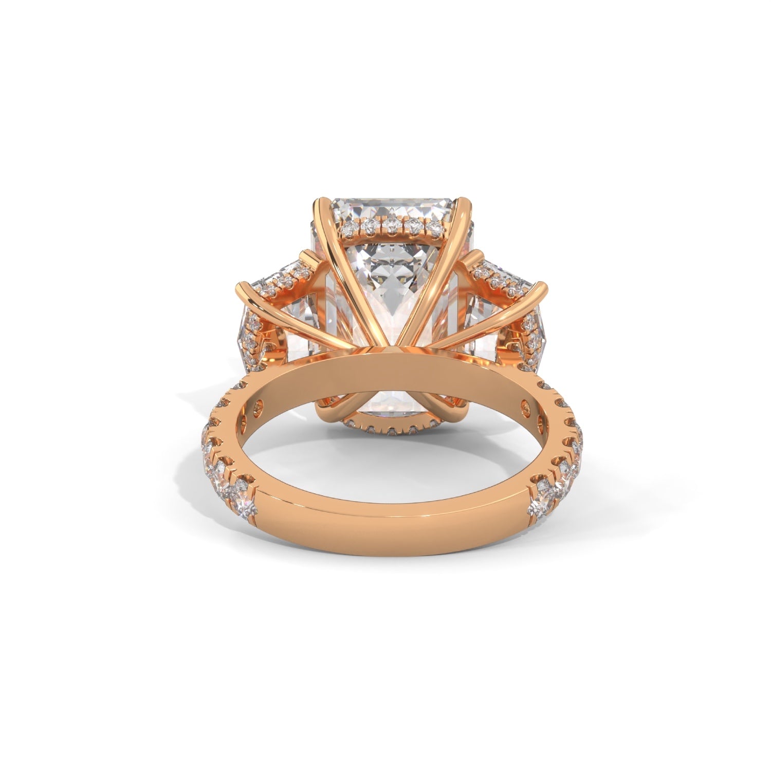 Emerald and Cadillac Cut Lab-Grown Diamond Three-Stone Pavé Engagement Ring in Rose Gold