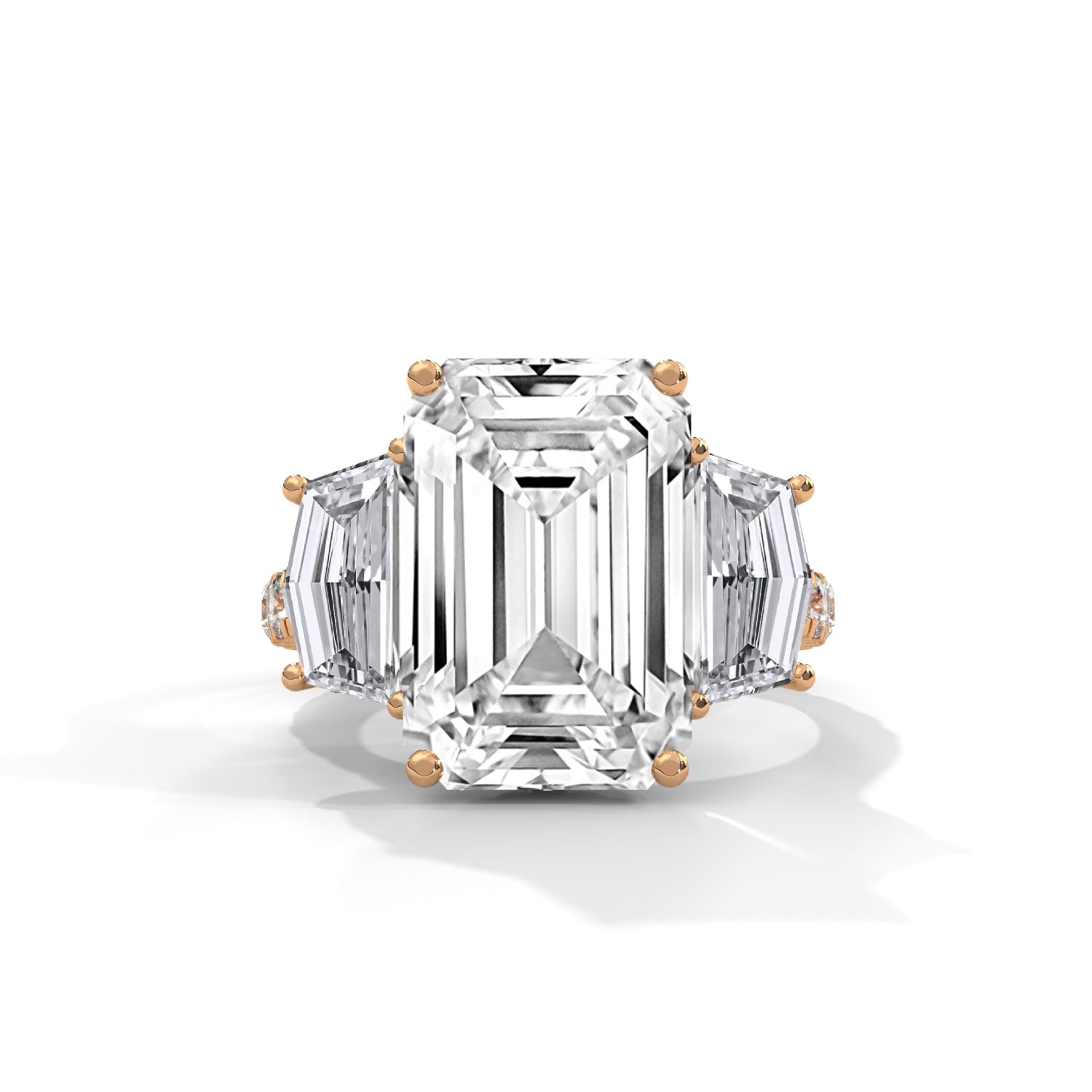 Emerald and Cadillac Cut Lab-Grown Diamond Three-Stone Pavé Engagement Ring in Rose Gold