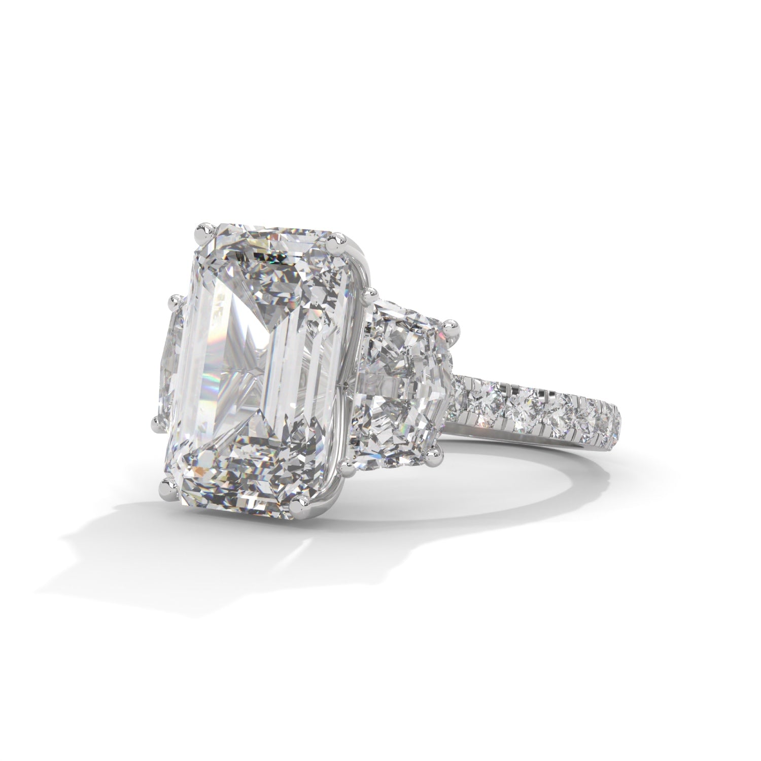 Emerald and Cadillac Cut Lab-Grown Diamond Three-Stone Pavé Engagement Ring in White Gold