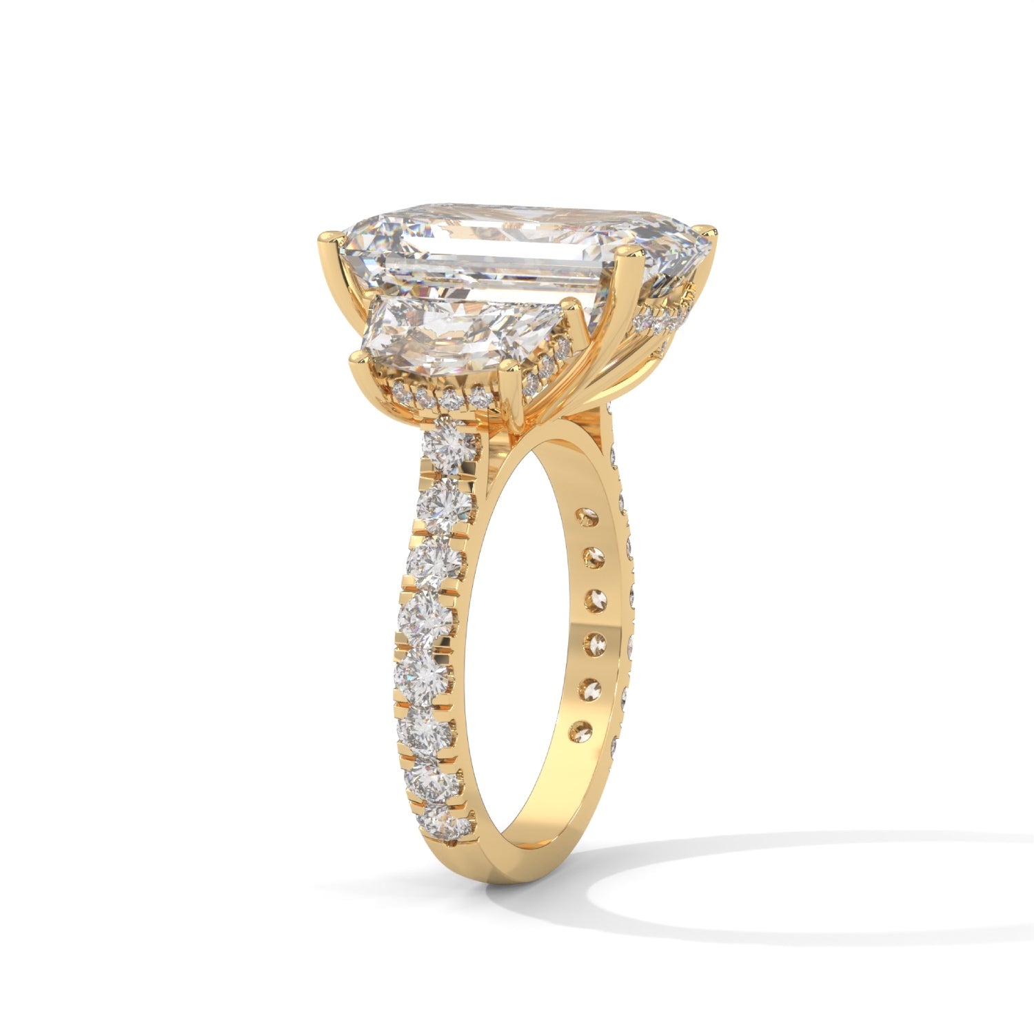 Emerald and Cadillac Cut Lab-Grown Diamond Three-Stone Pavé Engagement Ring in Yellow Gold