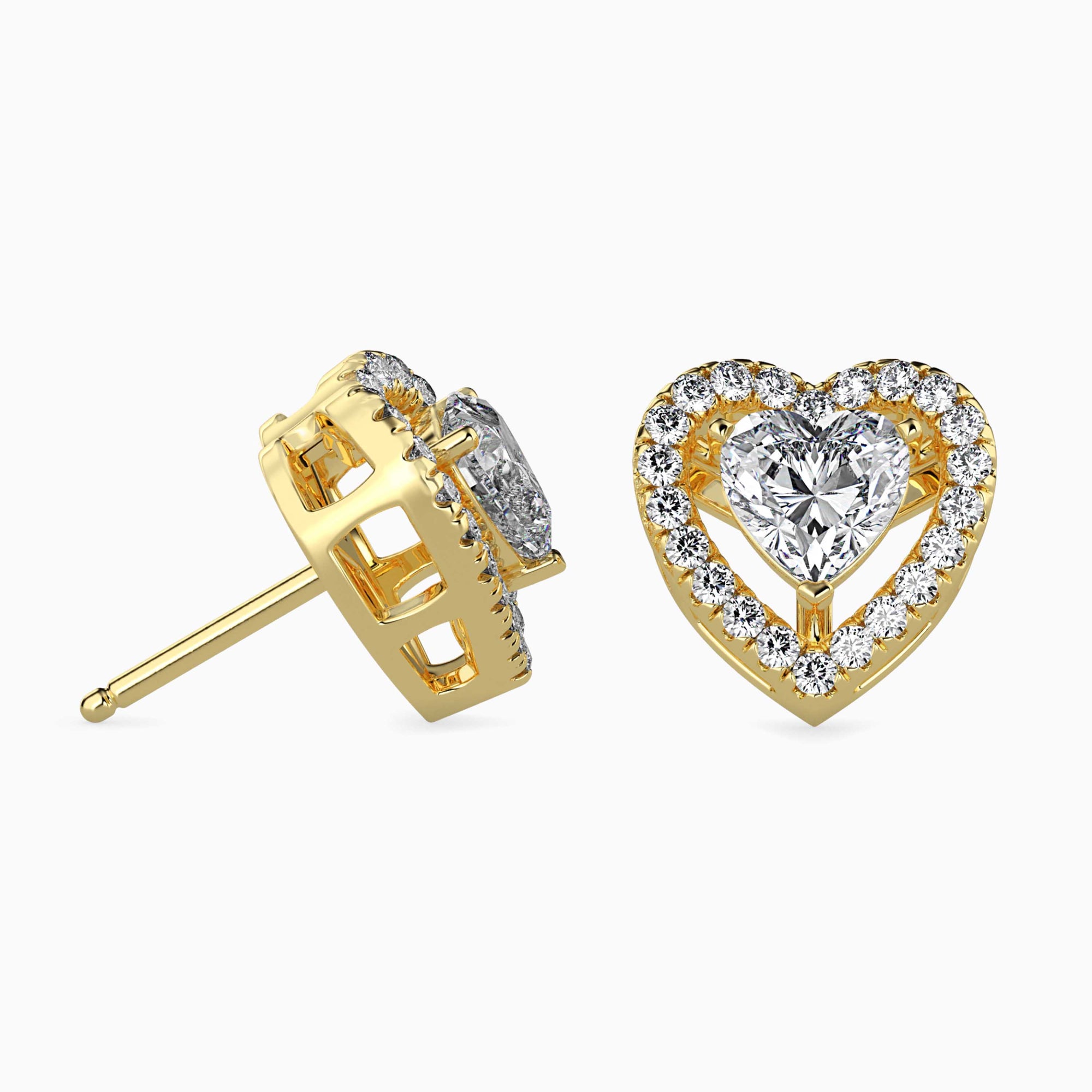 Heart-Shaped Lab-Grown Diamond Halo Stud Earrings in Yellow Gold