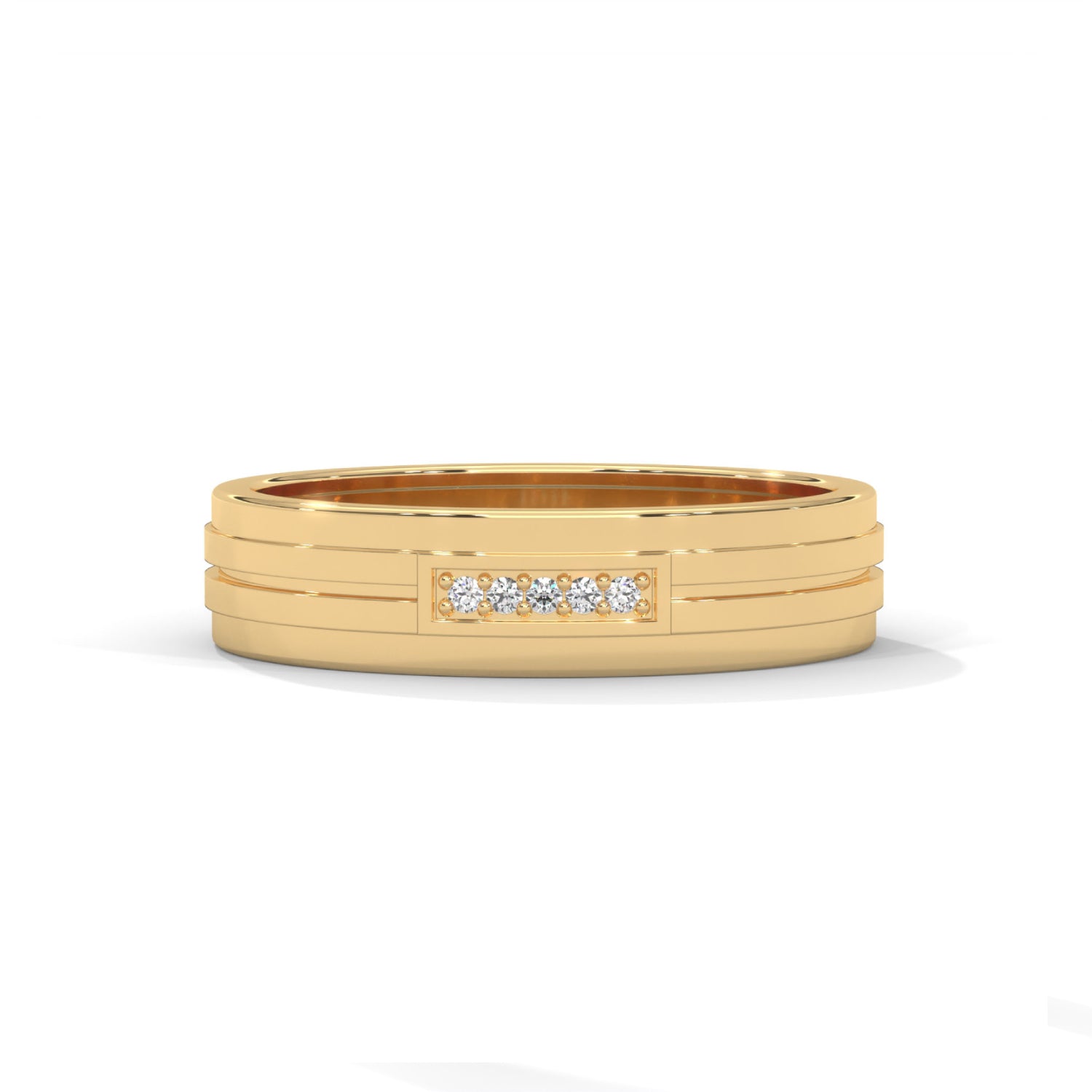 Lab-Grown Diamond Accent Grooved Wedding Ring in Yellow Gold