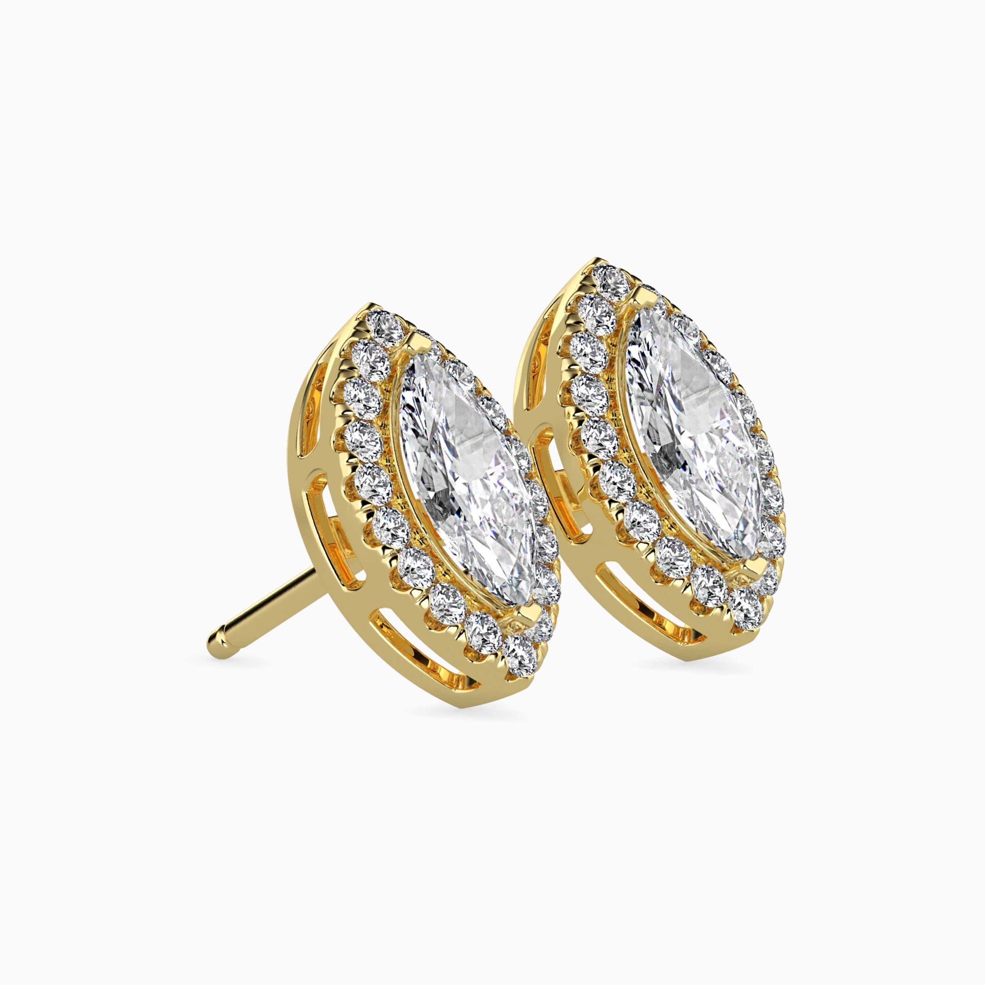Marquise Cut Lab-Grown Diamond Halo Stud Earrings in Yellow Gold