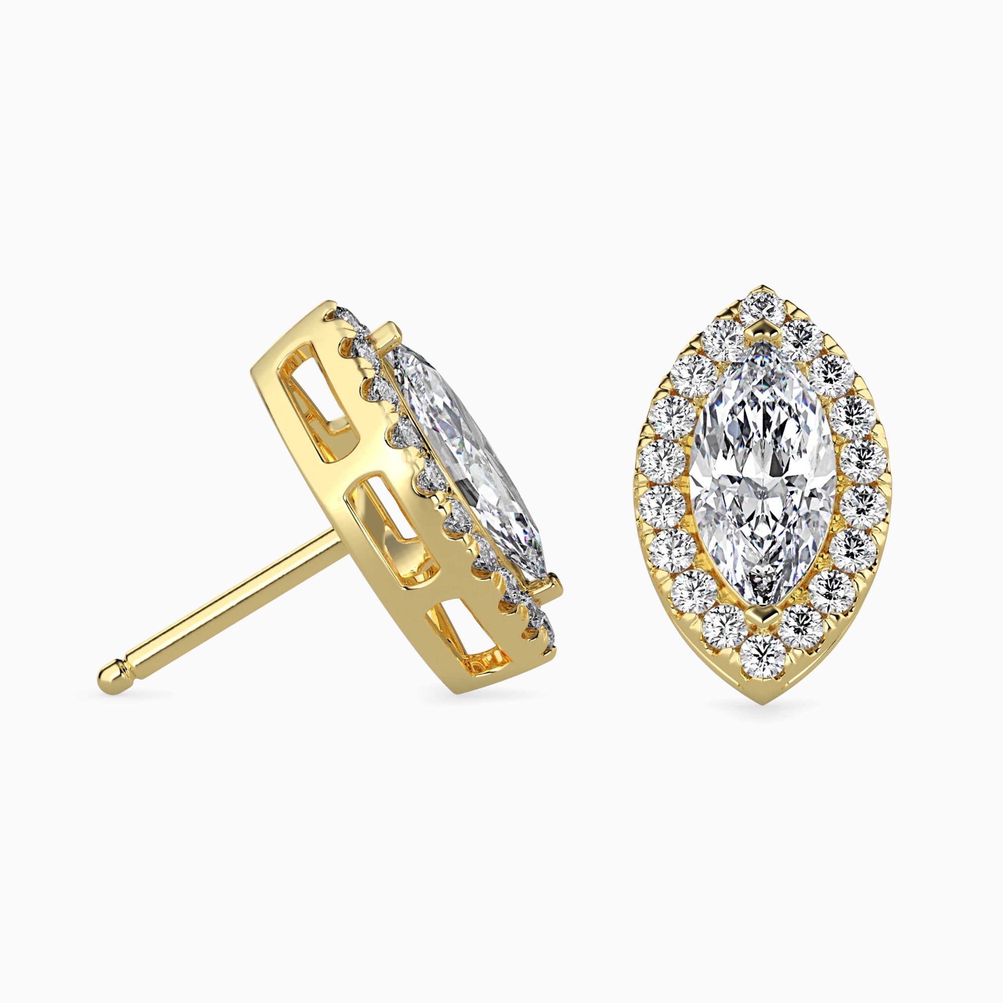 Marquise Cut Lab-Grown Diamond Halo Stud Earrings in Yellow Gold