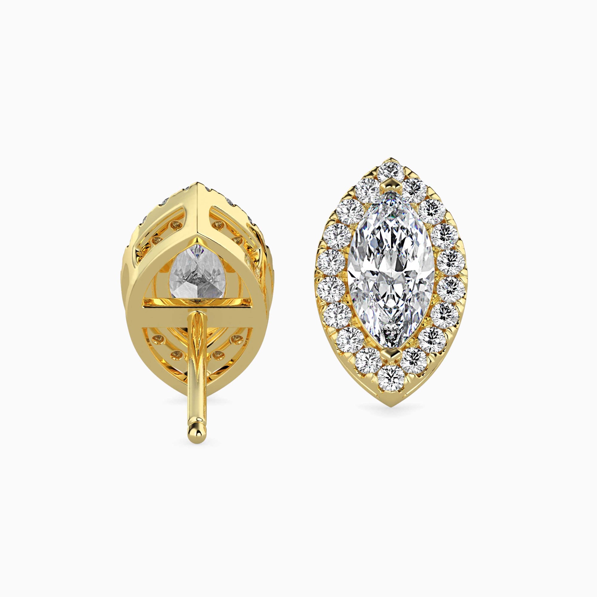 Marquise Cut Lab-Grown Diamond Halo Stud Earrings in Yellow Gold