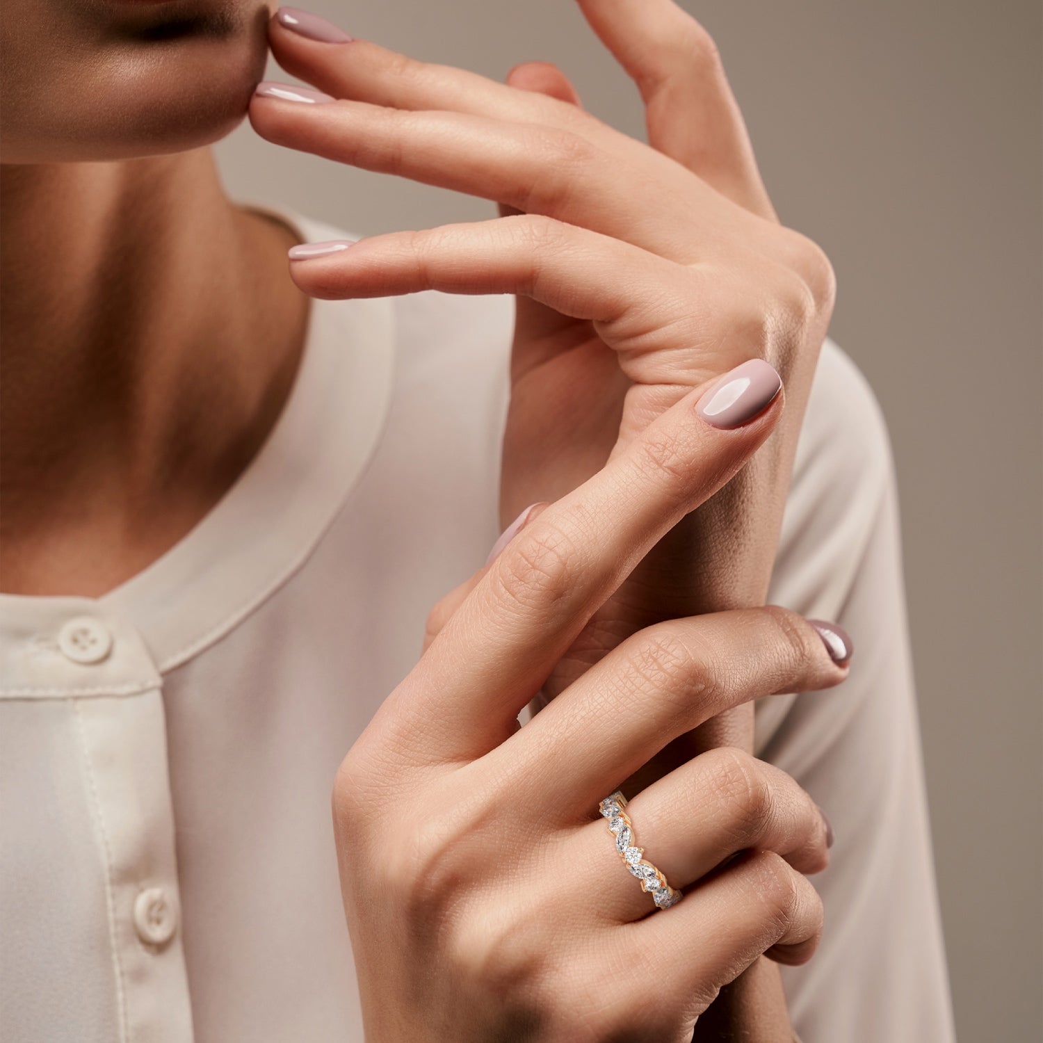 Marquise and Round Brilliant Cut Lab-Grown Diamond Half-Eternity Ring in Rose Gold