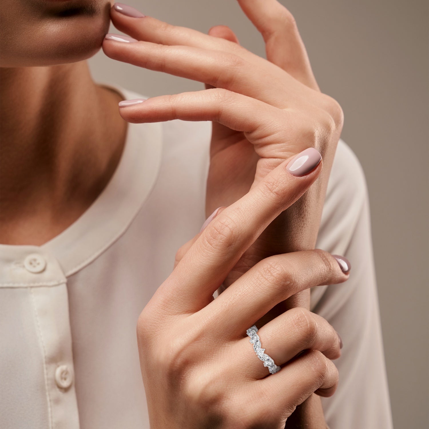 Marquise and Round Brilliant Cut Lab-Grown Diamond Half-Eternity Ring in White Gold