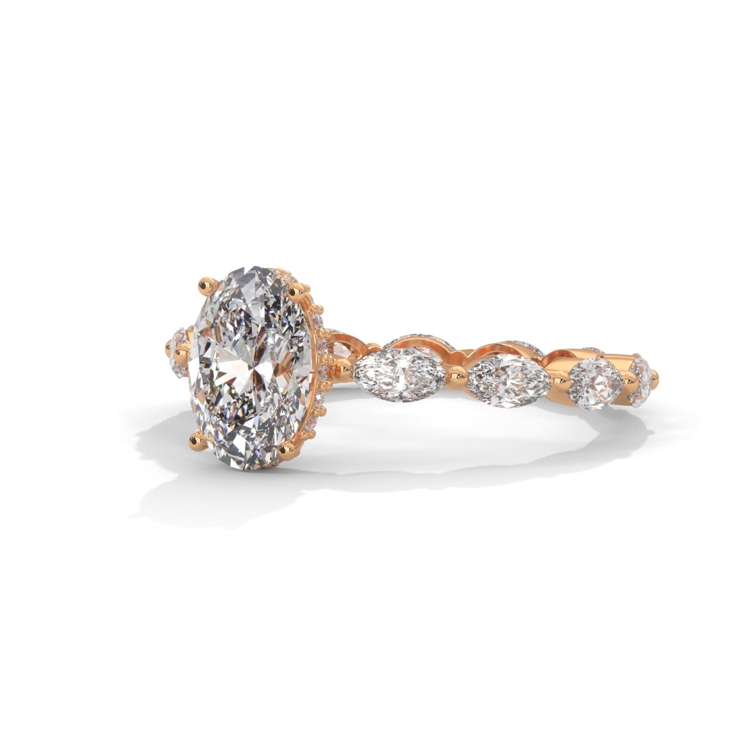 Oval-Shaped Lab-Grown Diamond Hidden Halo Scalloped Engagement Ring in Rose Gold