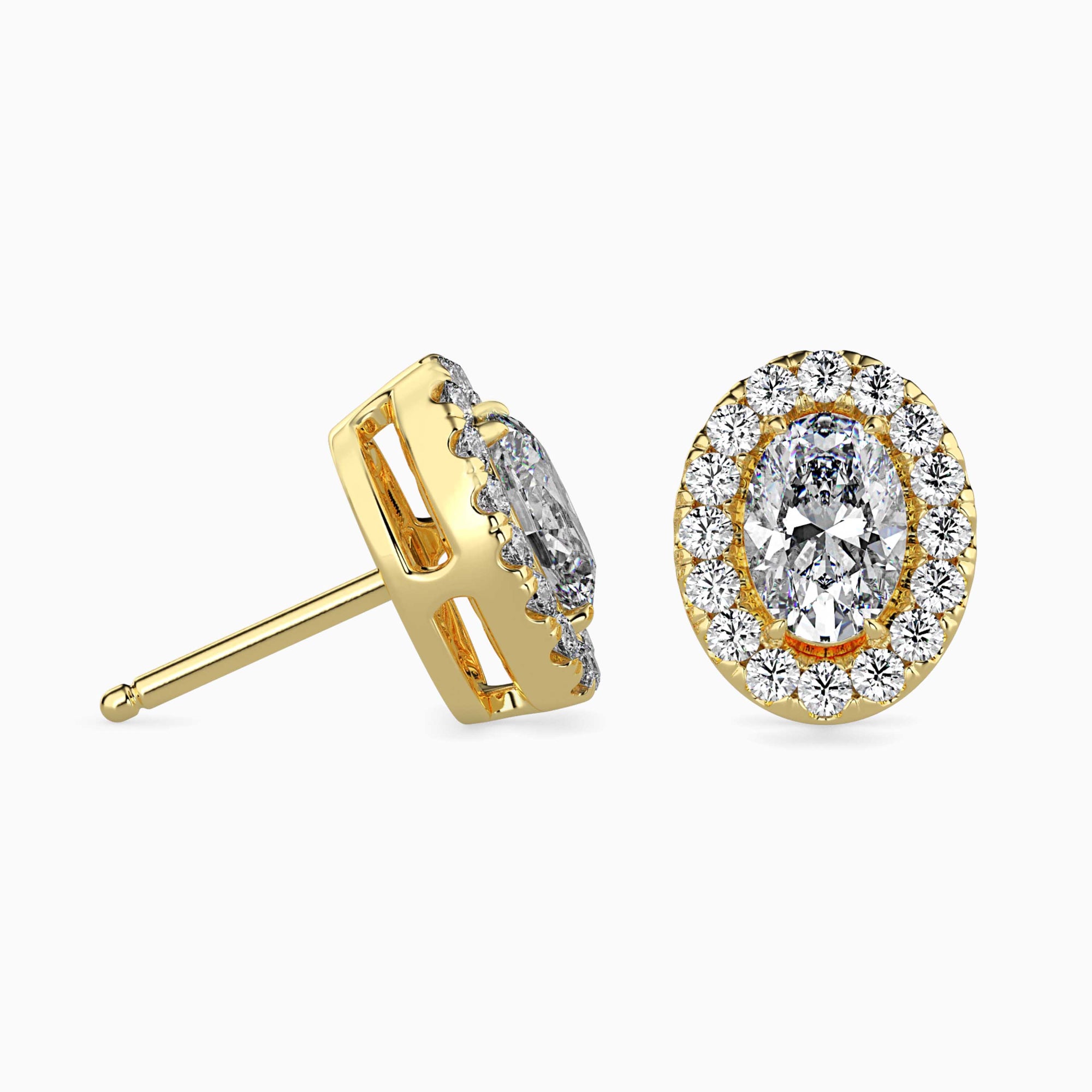 Oval-Shaped Lab-Grown Diamond Halo Stud Earrings in Yellow Gold
