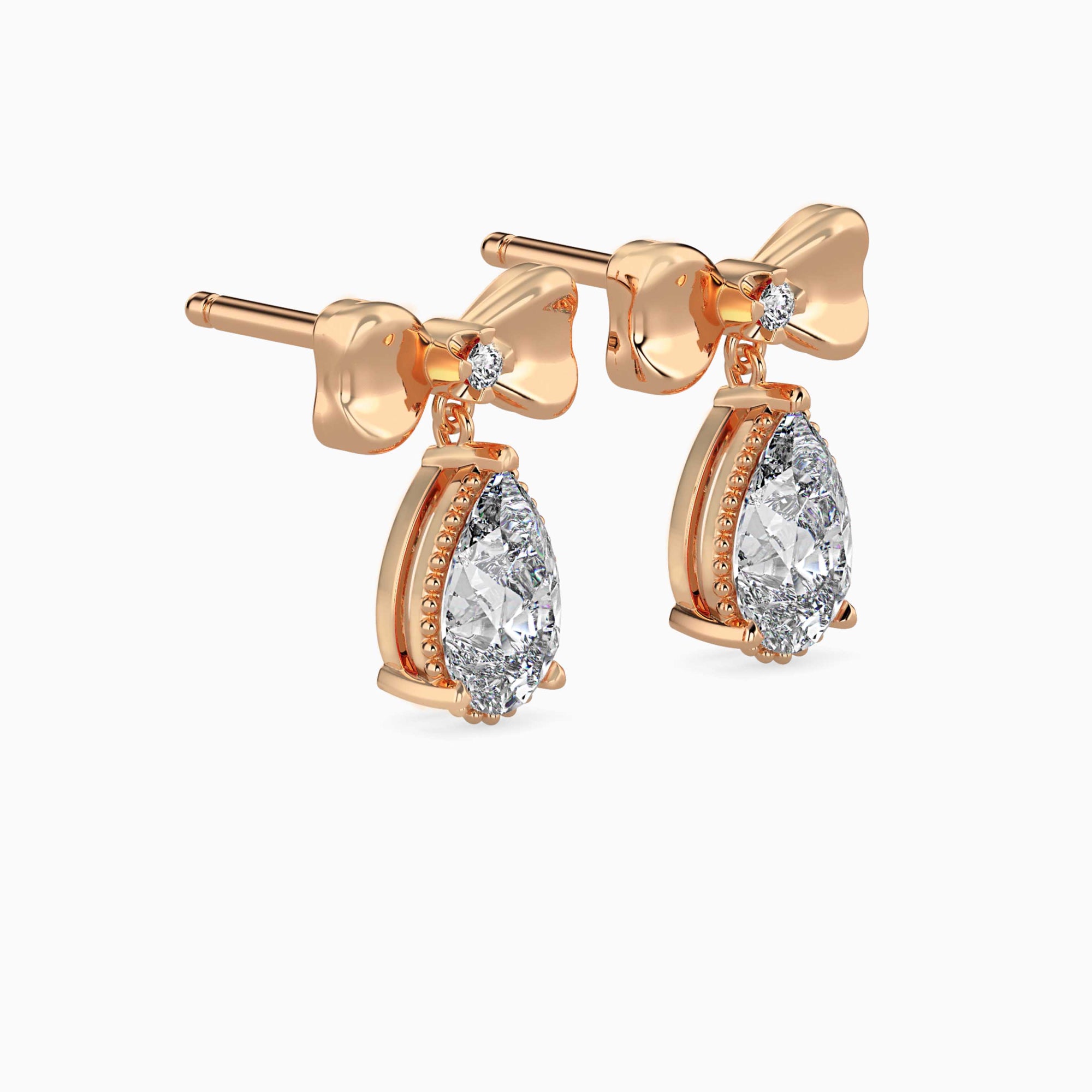 Pear-Shaped Lab-Grown Diamond Bow Drop Earrings in Rose Gold Side View