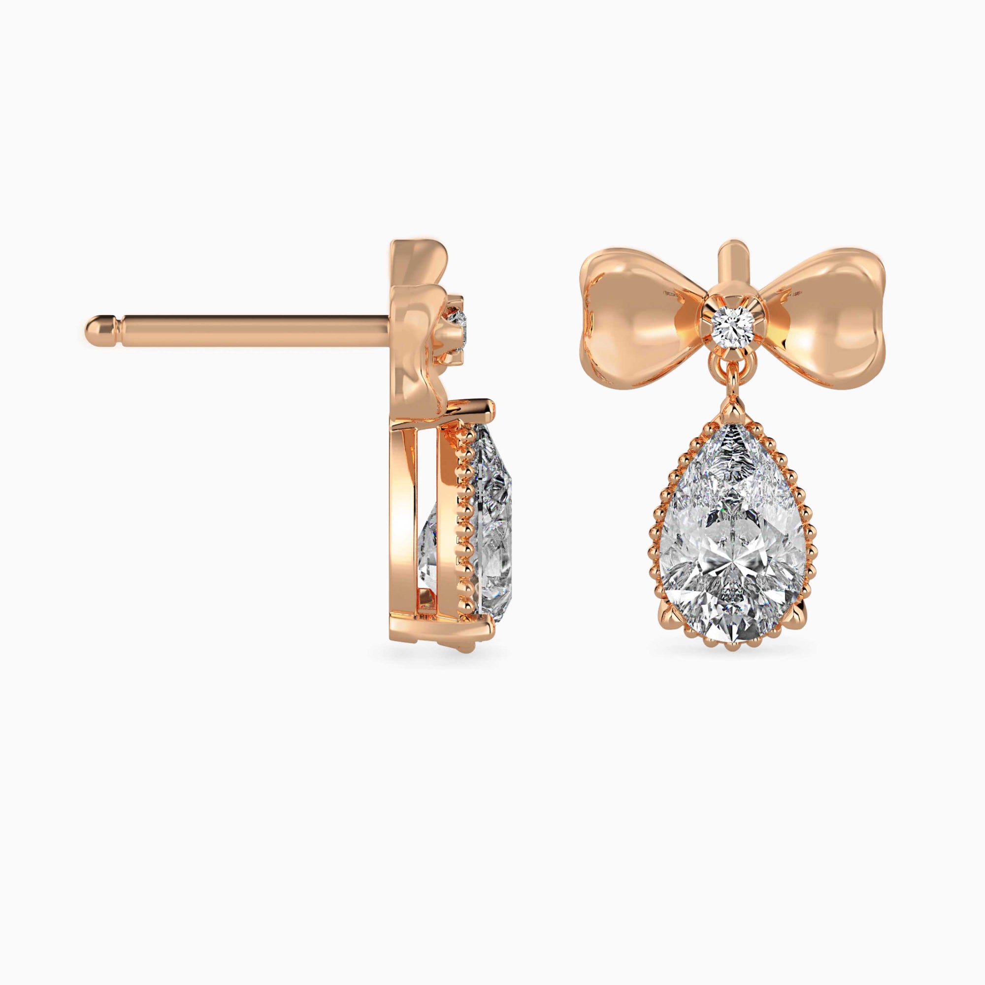 Pear-Shaped Lab-Grown Diamond Bow Drop Earrings in Rose Gold Side View