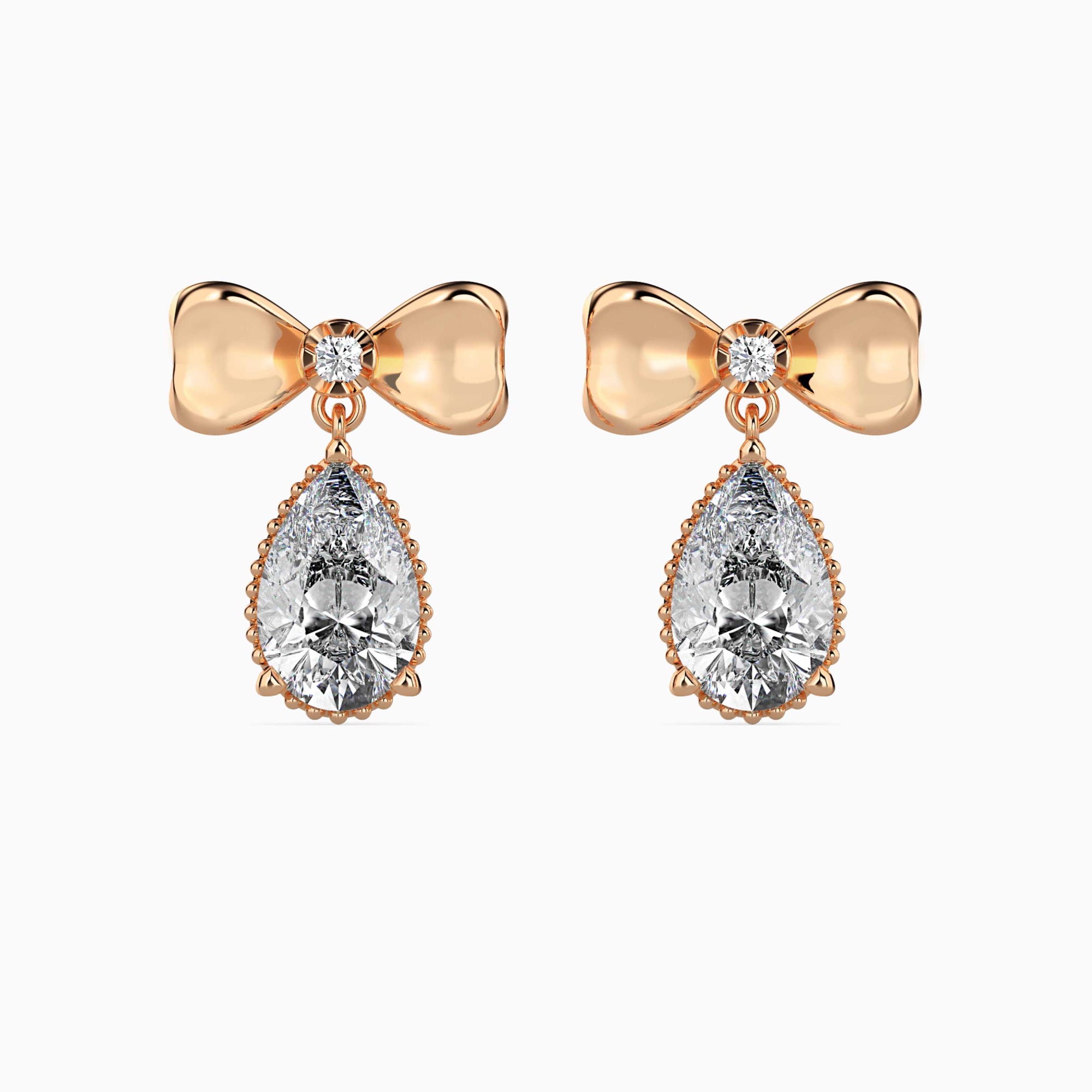 Pear-Shaped Lab-Grown Diamond Bow Drop Earrings in Rose Gold Front View