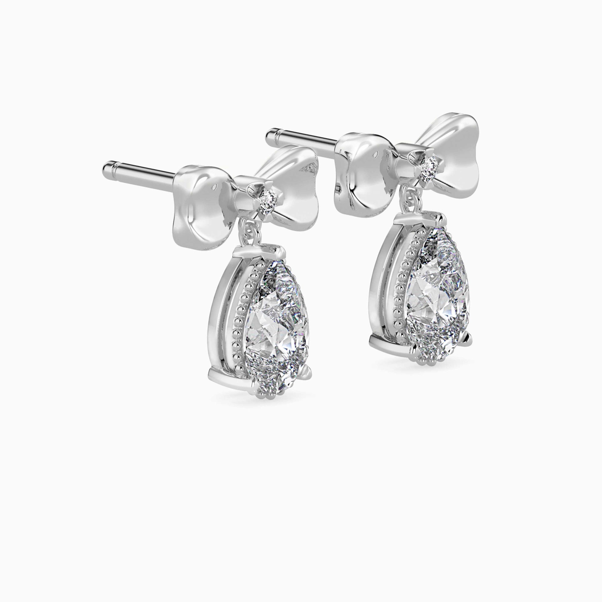 Pear-Shaped Lab-Grown Diamond Bow Drop Earrings in White Gold Side View