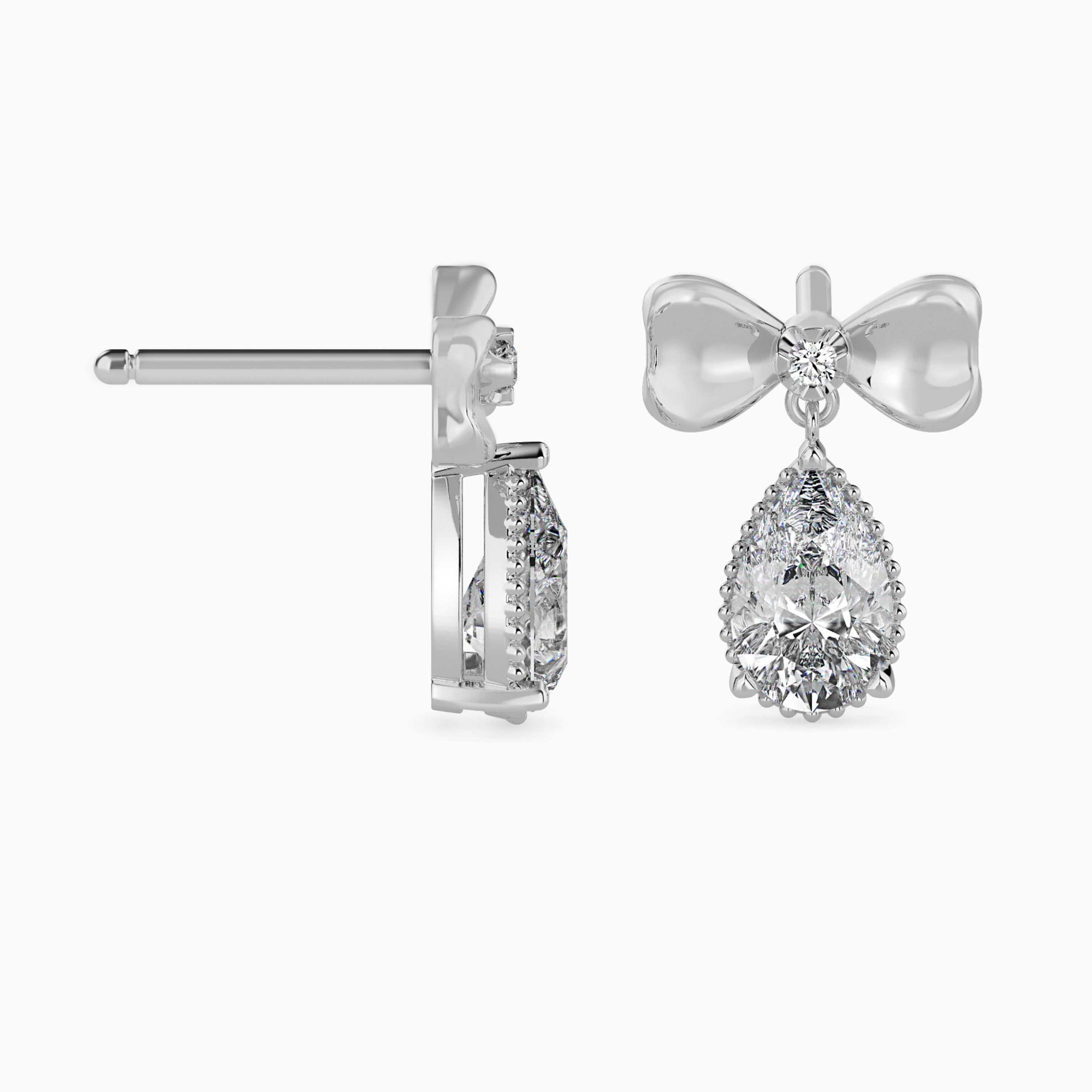 Pear-Shaped Lab-Grown Diamond Bow Drop Earrings in White Gold Side View